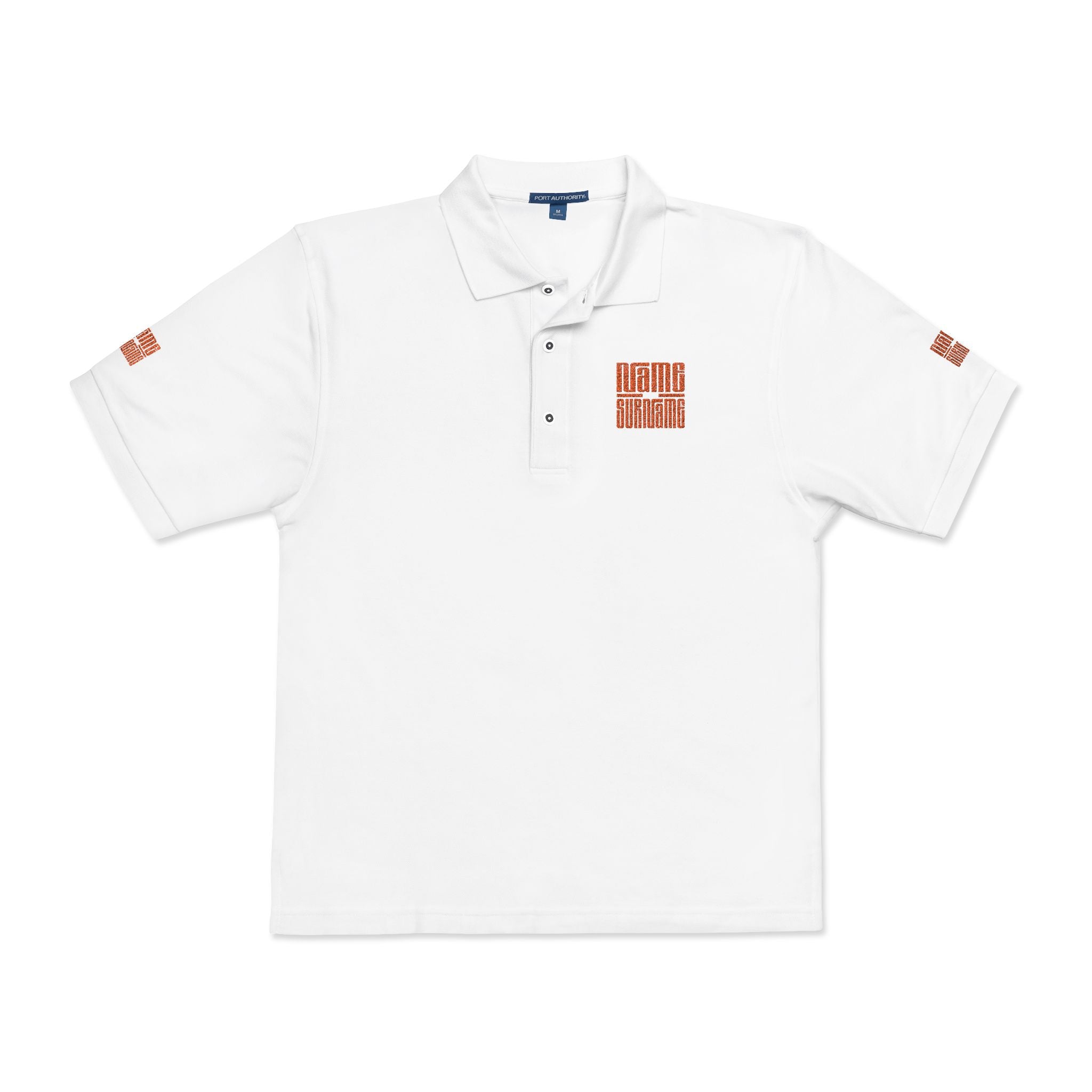 Embroidered Polo Shirt, personalize name and last name with a unique orange style.