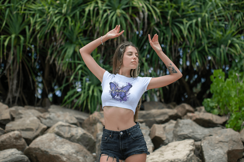 Purple Butterfly Personalized Crop Top — Custom Name Aesthetic Galaxy Shirt