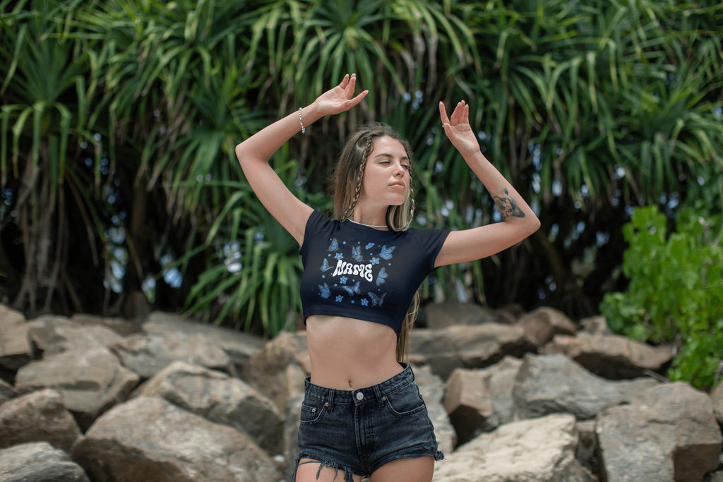 Blue Butterfly Personalized Crop Top — Custom Name Retro Aesthetic Shirt