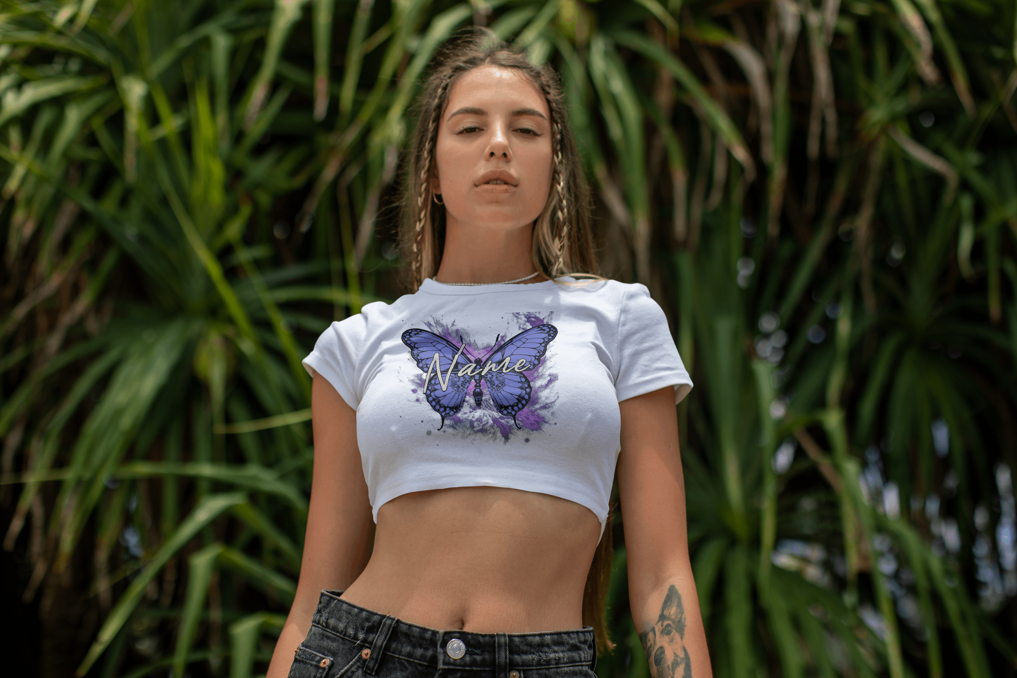 Purple Butterfly Personalized Crop Top — Custom Name Aesthetic Galaxy Shirt