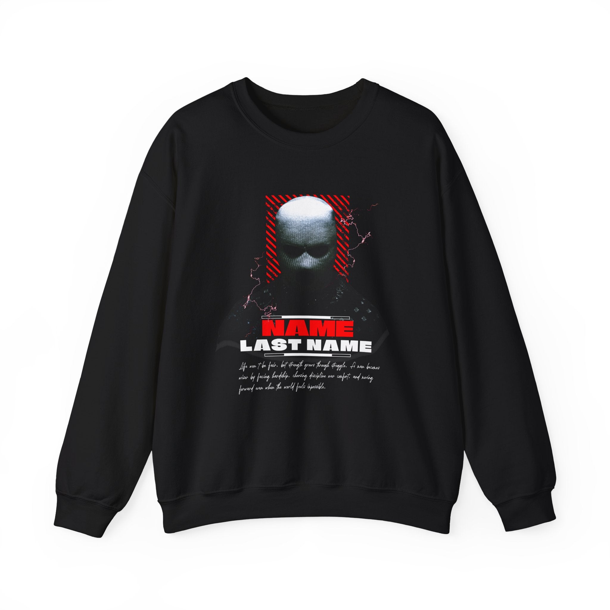 Personalized Masked Warrior Sweatshirt — Add Your Name, Last Name & Custom Life Quote