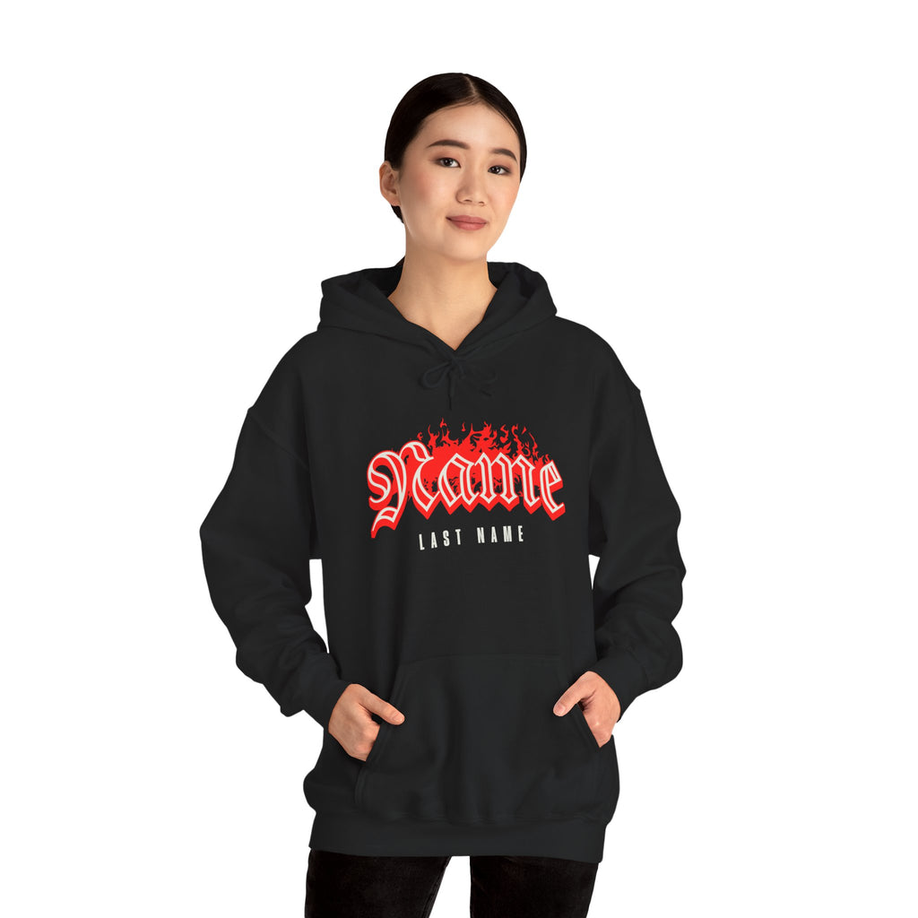 Flaming Name and last name Custom Hoodie — Gothic Red Flame Streetwear unisex