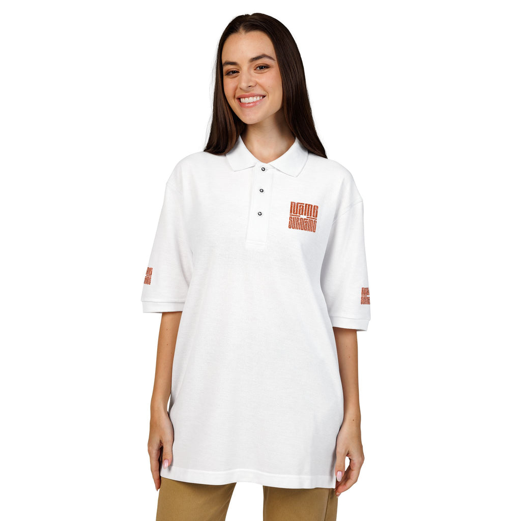 Embroidered Polo Shirt, personalize name and last name with a unique orange style.