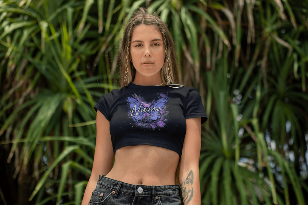 Purple Butterfly Personalized Crop Top — Custom Name Aesthetic Galaxy Shirt