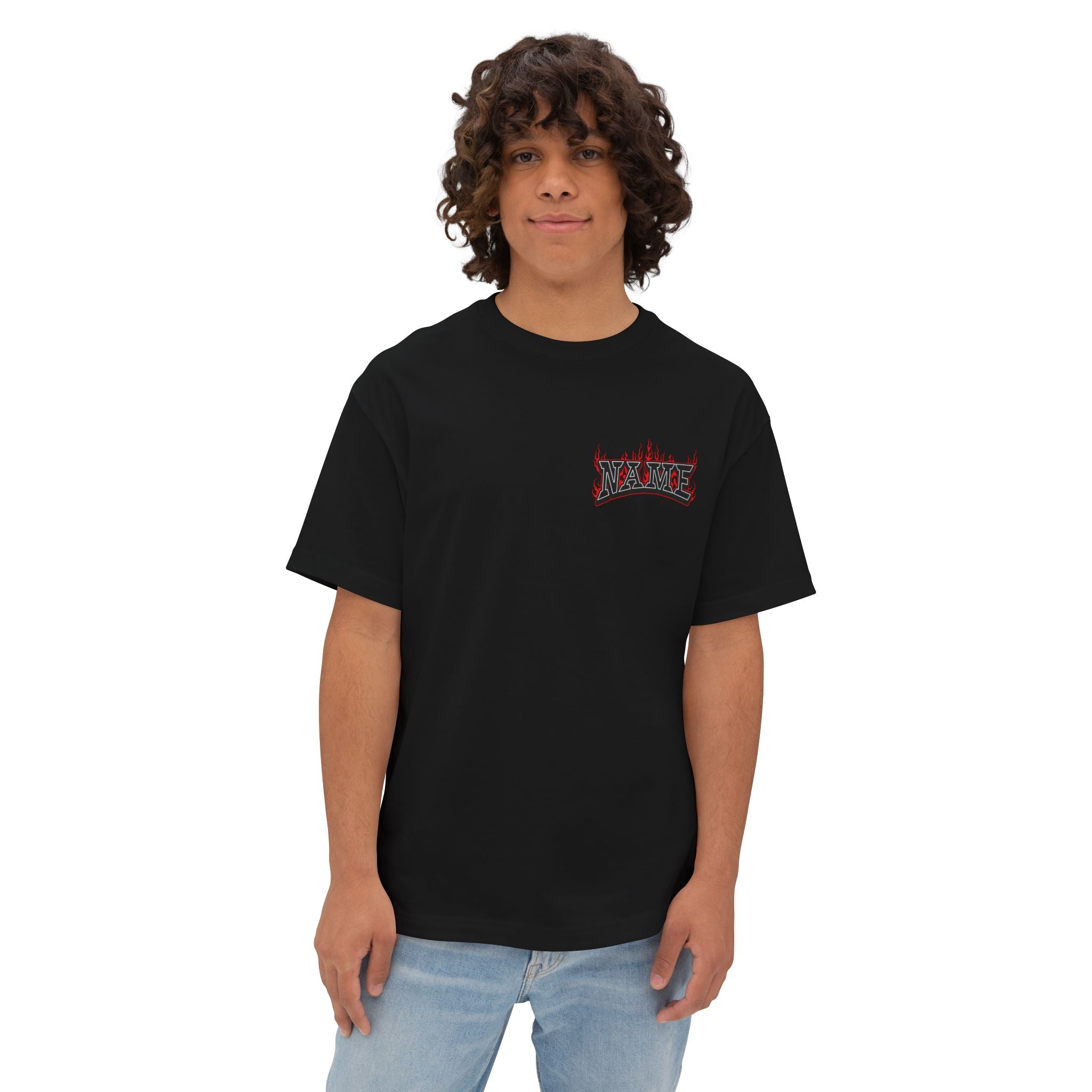 Flaming Name Boxy Tee — Oversized Black Graphic T-Shirt