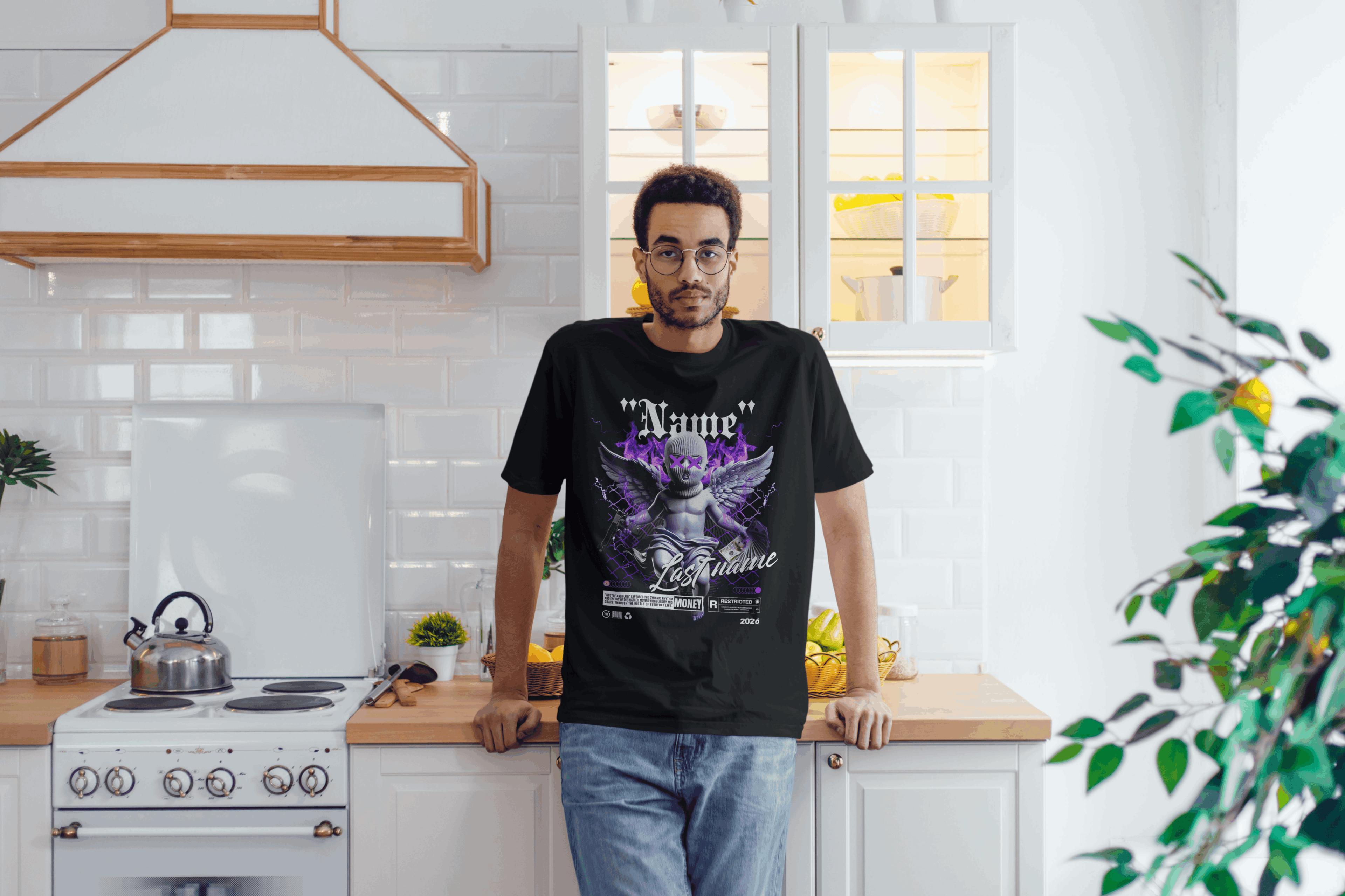 Angel Cherub Graphic Tee — Personalized "Name Lastname" Gothic Violet Design