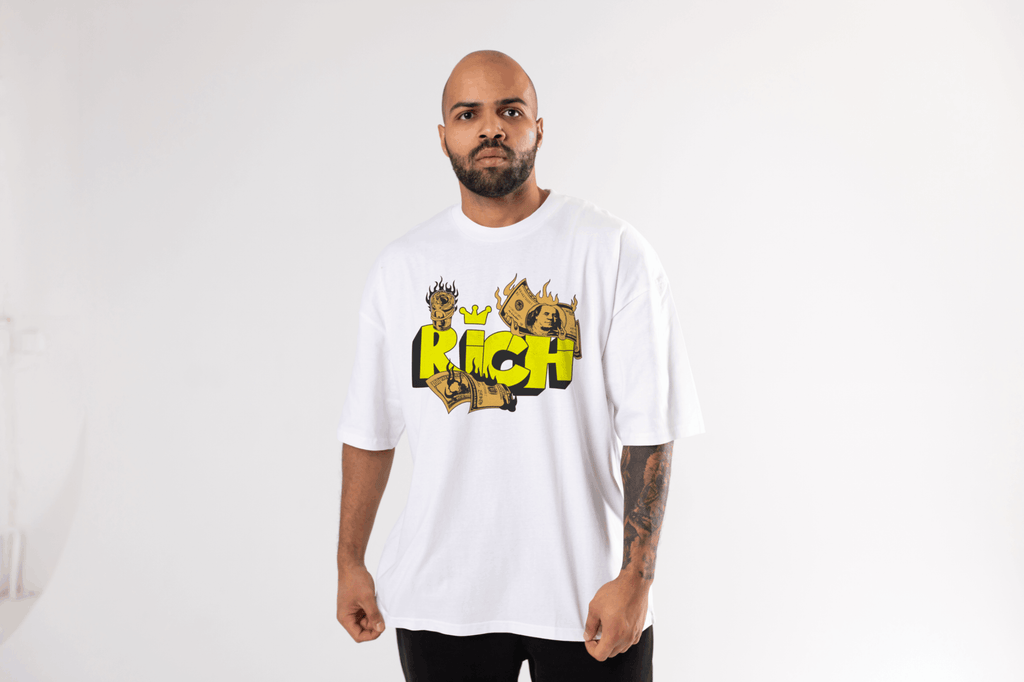 Rich Graffiti Boxy Tee — Bold Yellow Money Streetwear