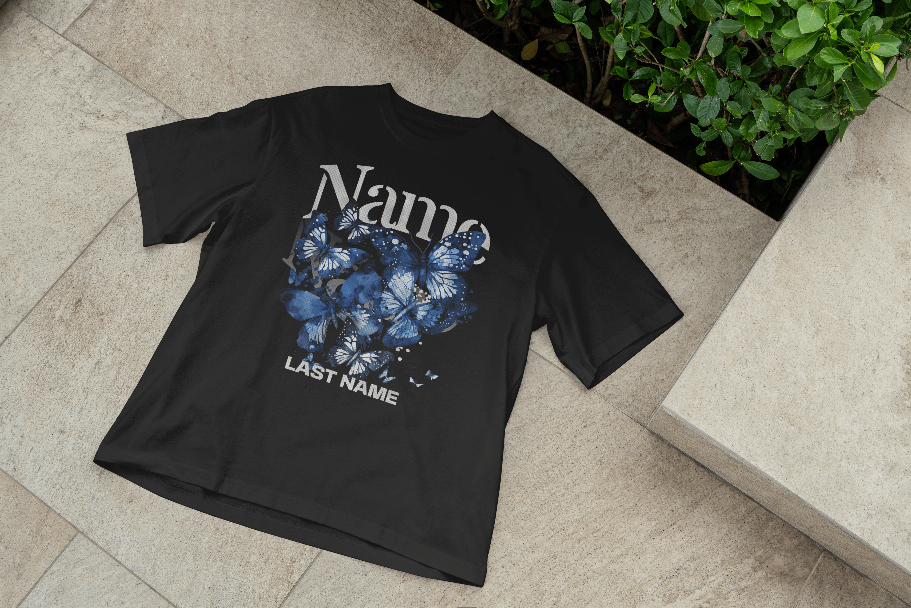 Blue Butterfly Name Tee – Personalized Name & Last Name Shirt