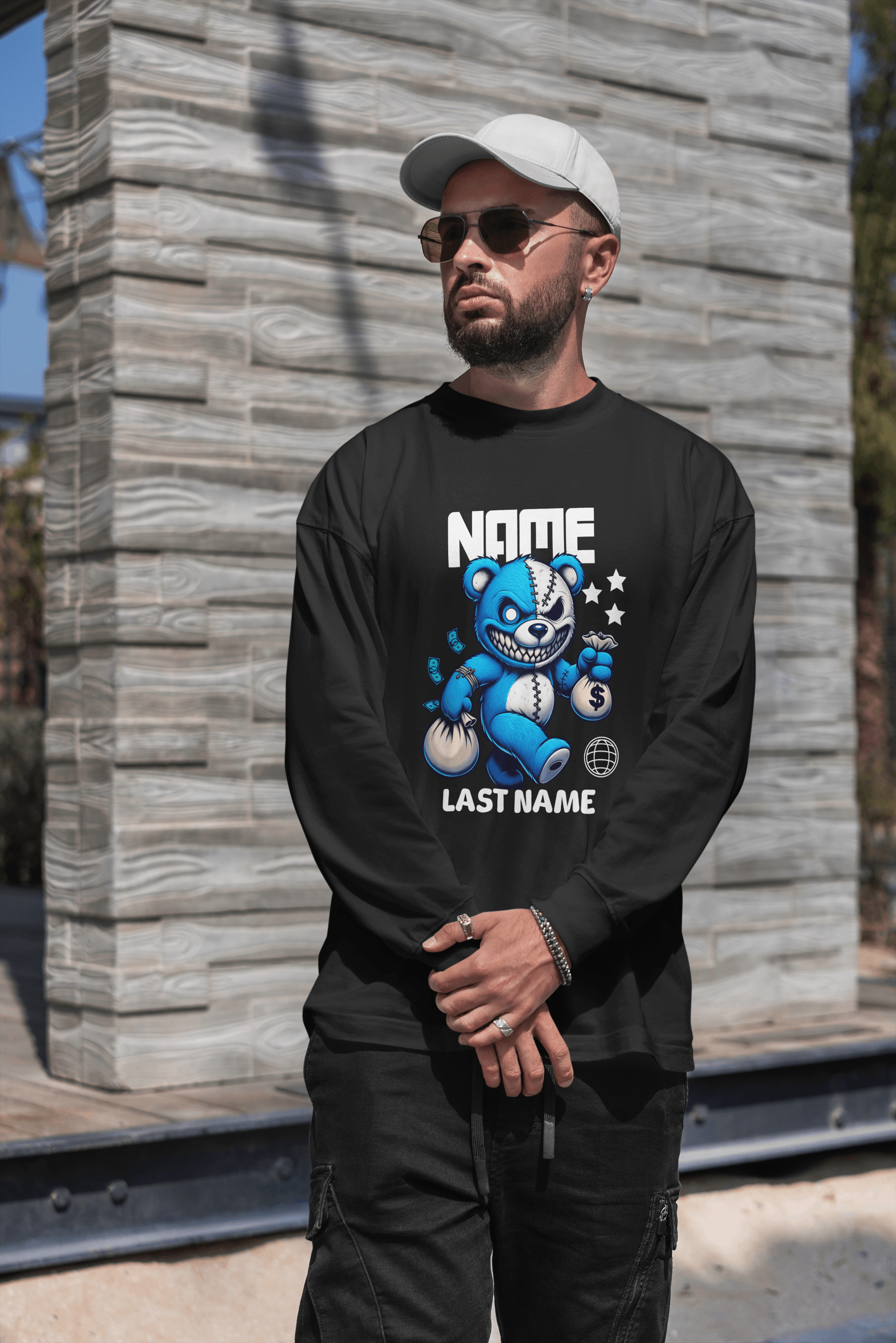 Personalized Blue Teddy Bear Crewneck Sweatshirt — Custom Name & Last Name