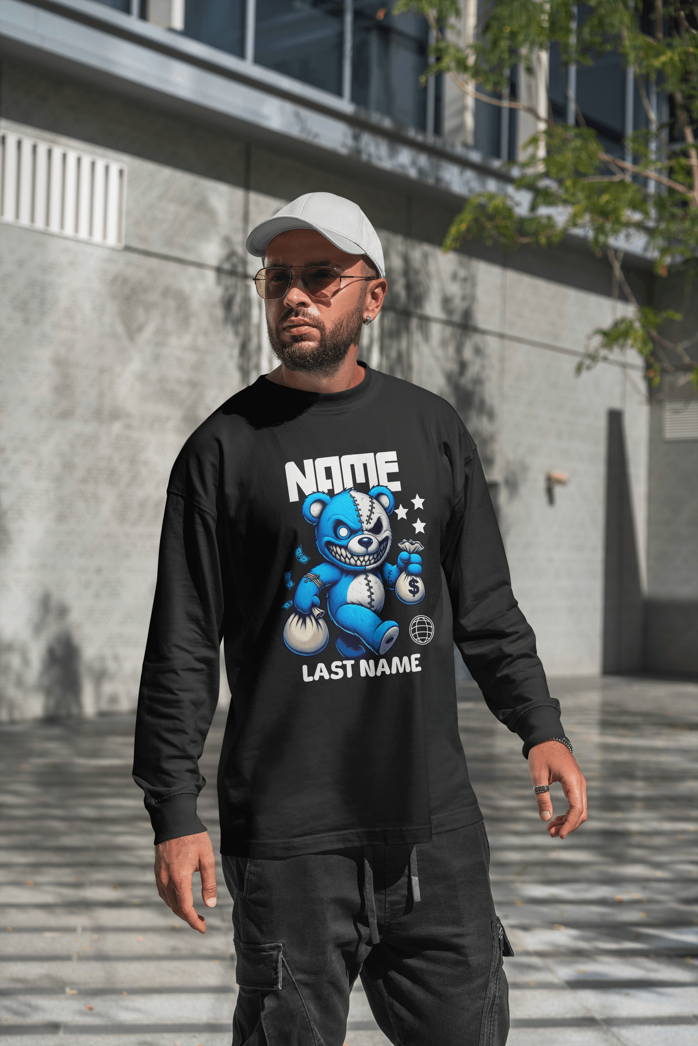 Personalized Blue Teddy Bear Crewneck Sweatshirt — Custom Name & Last Name