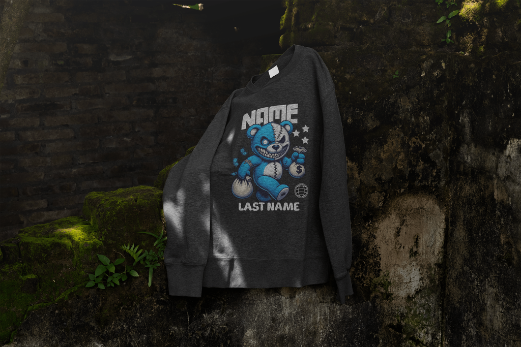 Personalized Blue Teddy Bear Crewneck Sweatshirt — Custom Name & Last Name