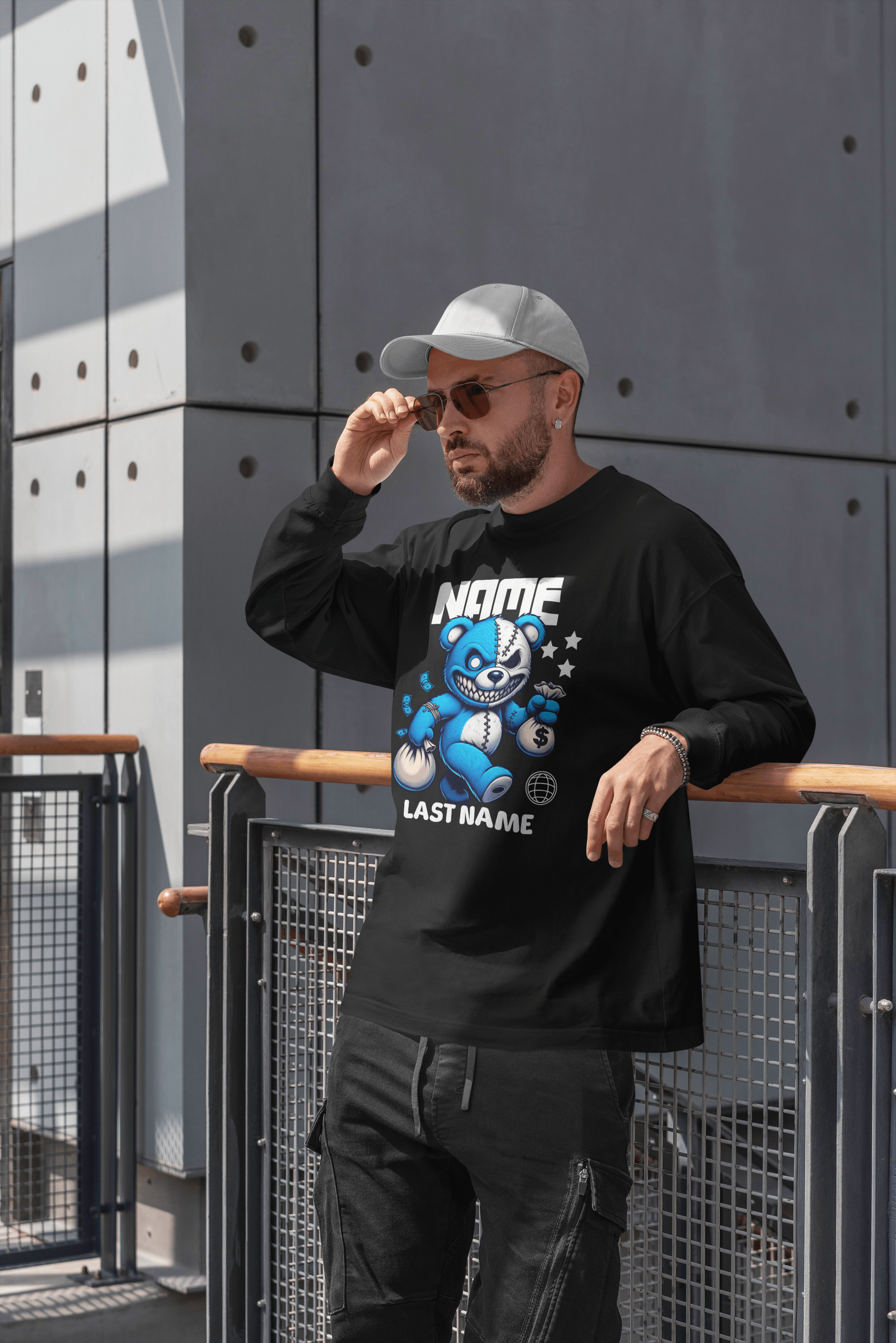 Personalized Blue Teddy Bear Crewneck Sweatshirt — Custom Name & Last Name