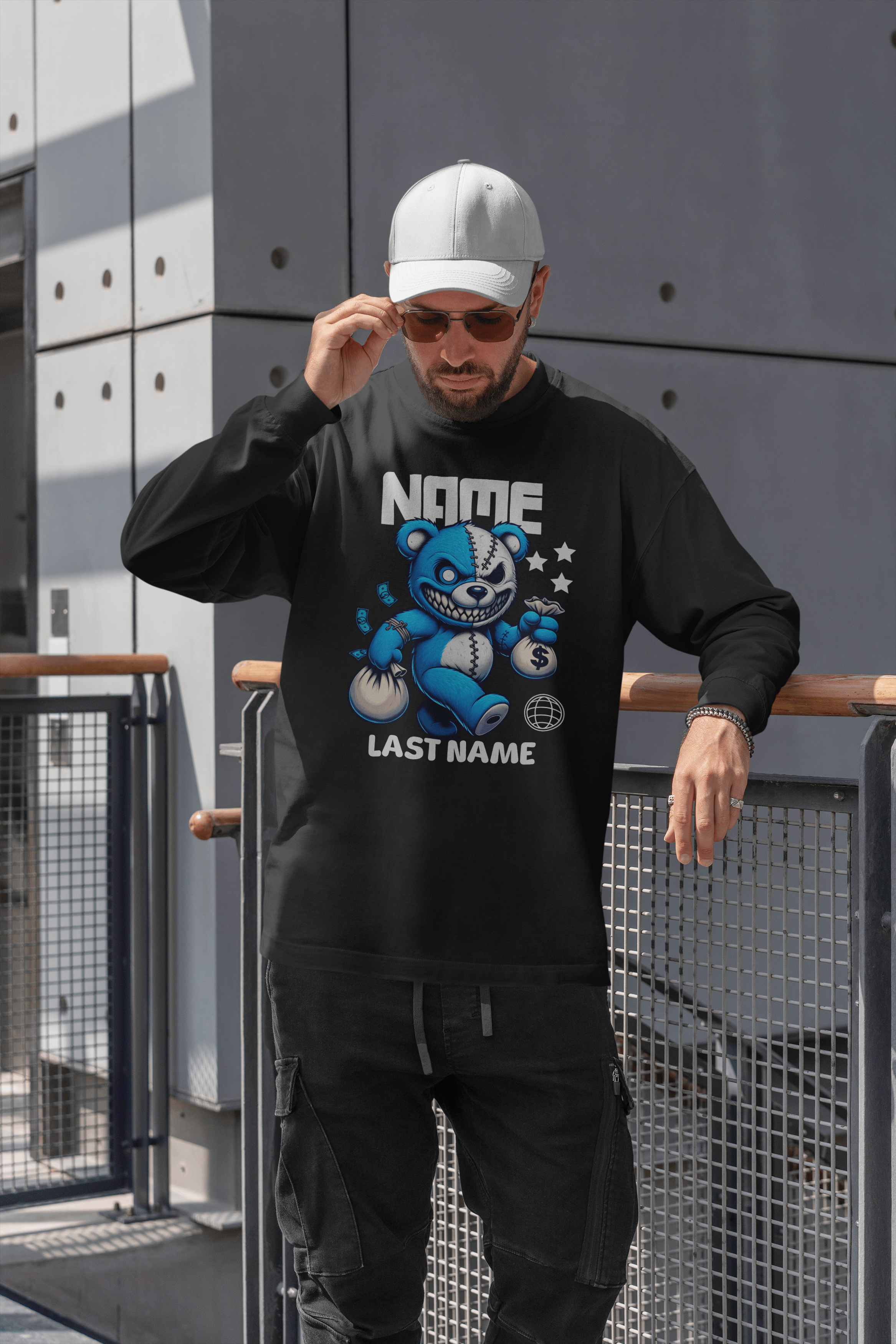 Personalized Blue Teddy Bear Crewneck Sweatshirt — Custom Name & Last Name