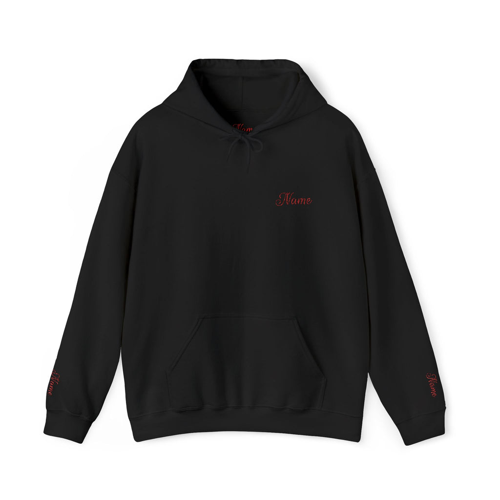 Personalized embroidered name and last name hoodie — Custom “Name Last Name” with a classic red style.