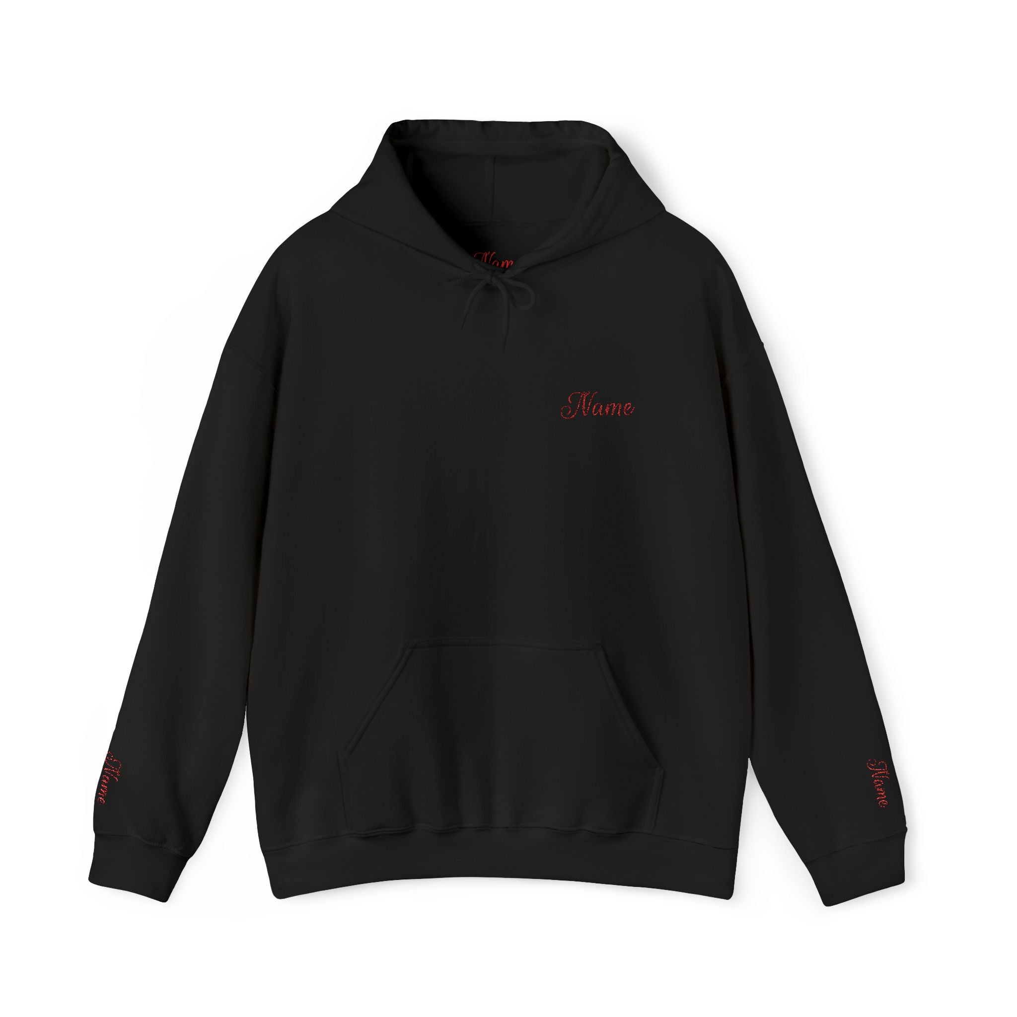 Personalized embroidered name and last name hoodie — Custom “Name Last Name” with a classic red style.