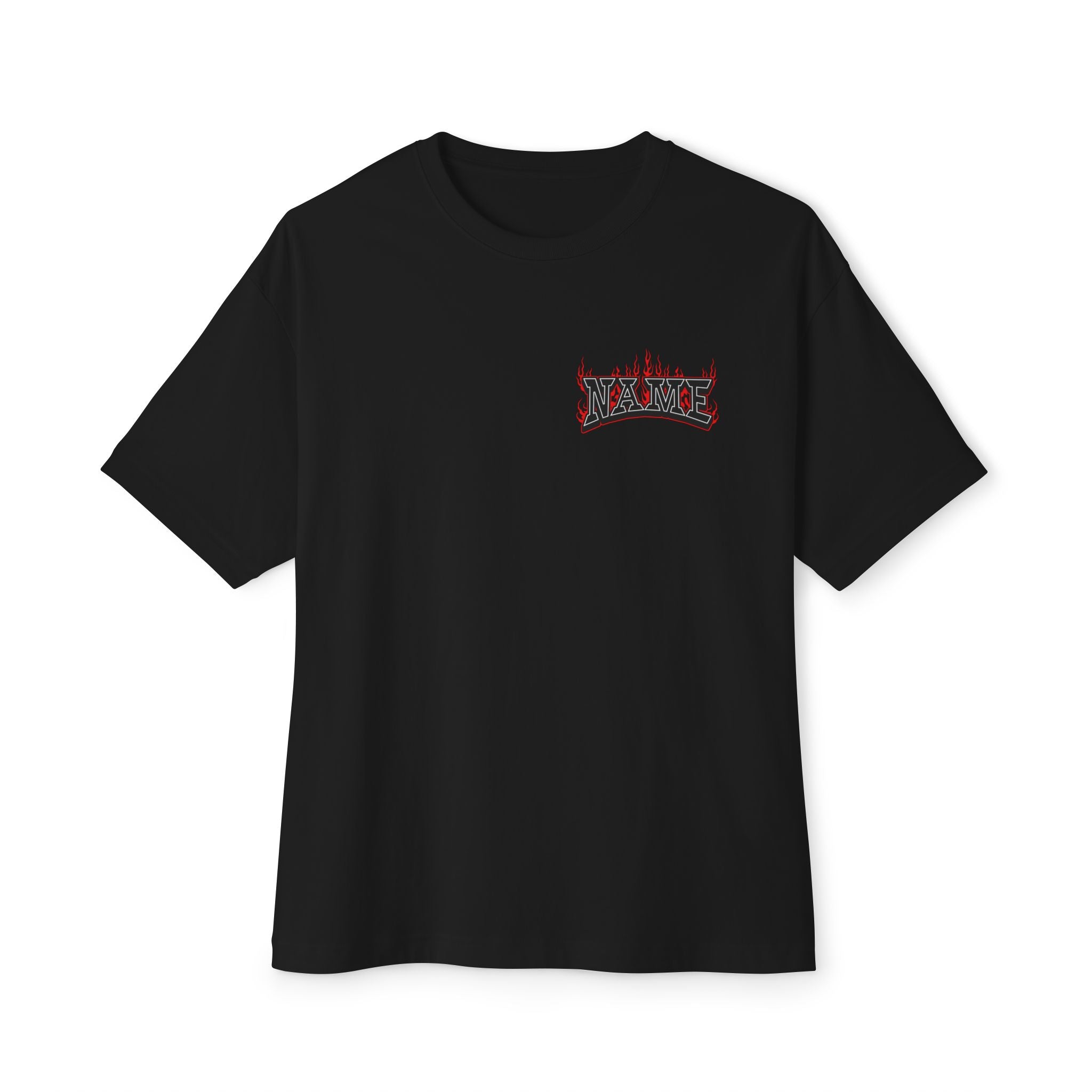 Flaming Name Boxy Tee — Oversized Black Graphic T-Shirt
