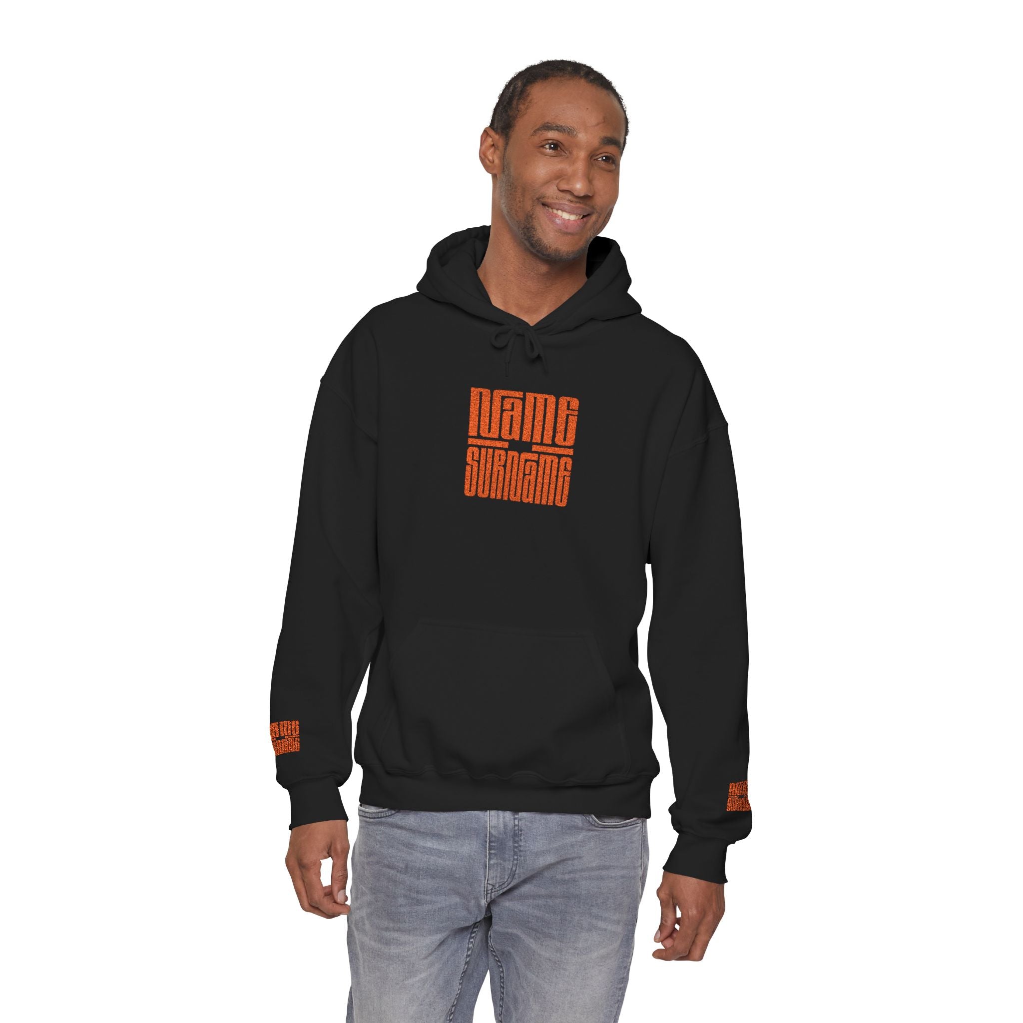 Personalized embroidered  Hoodie — Retro Orange Geometric 'Name and last Name' Graphic Pullover