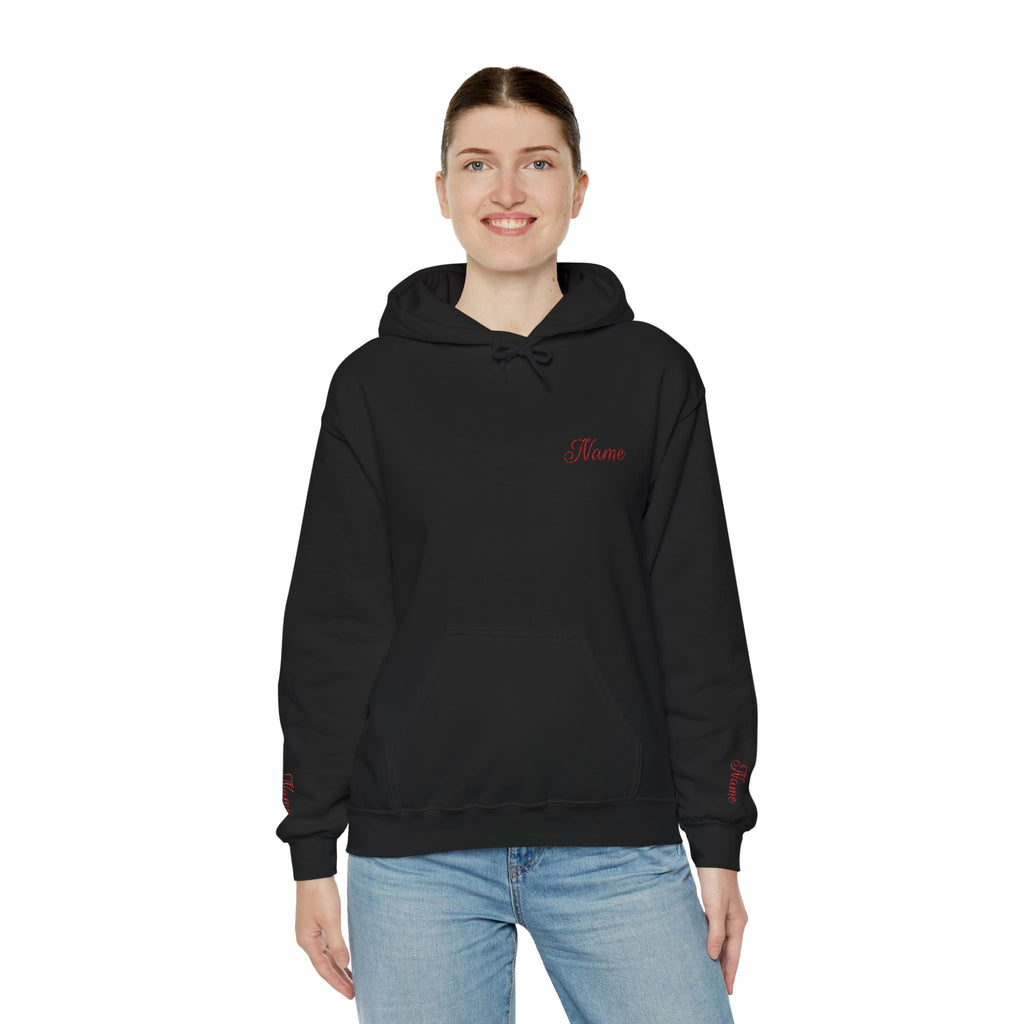 Personalized embroidered name and last name hoodie — Custom “Name Last Name” with a classic red style.