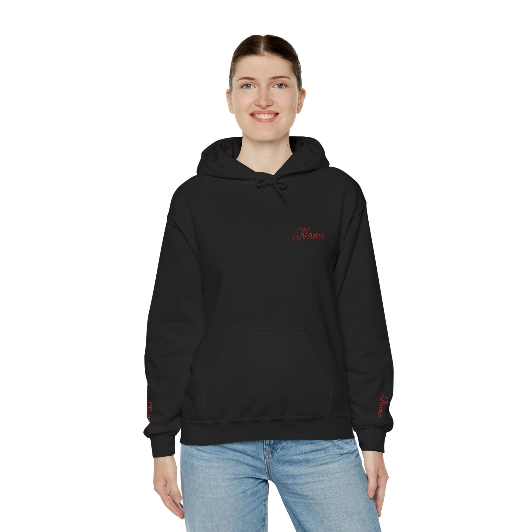 Personalized embroidered name and last name hoodie — Custom “Name Last Name” with a classic red style.