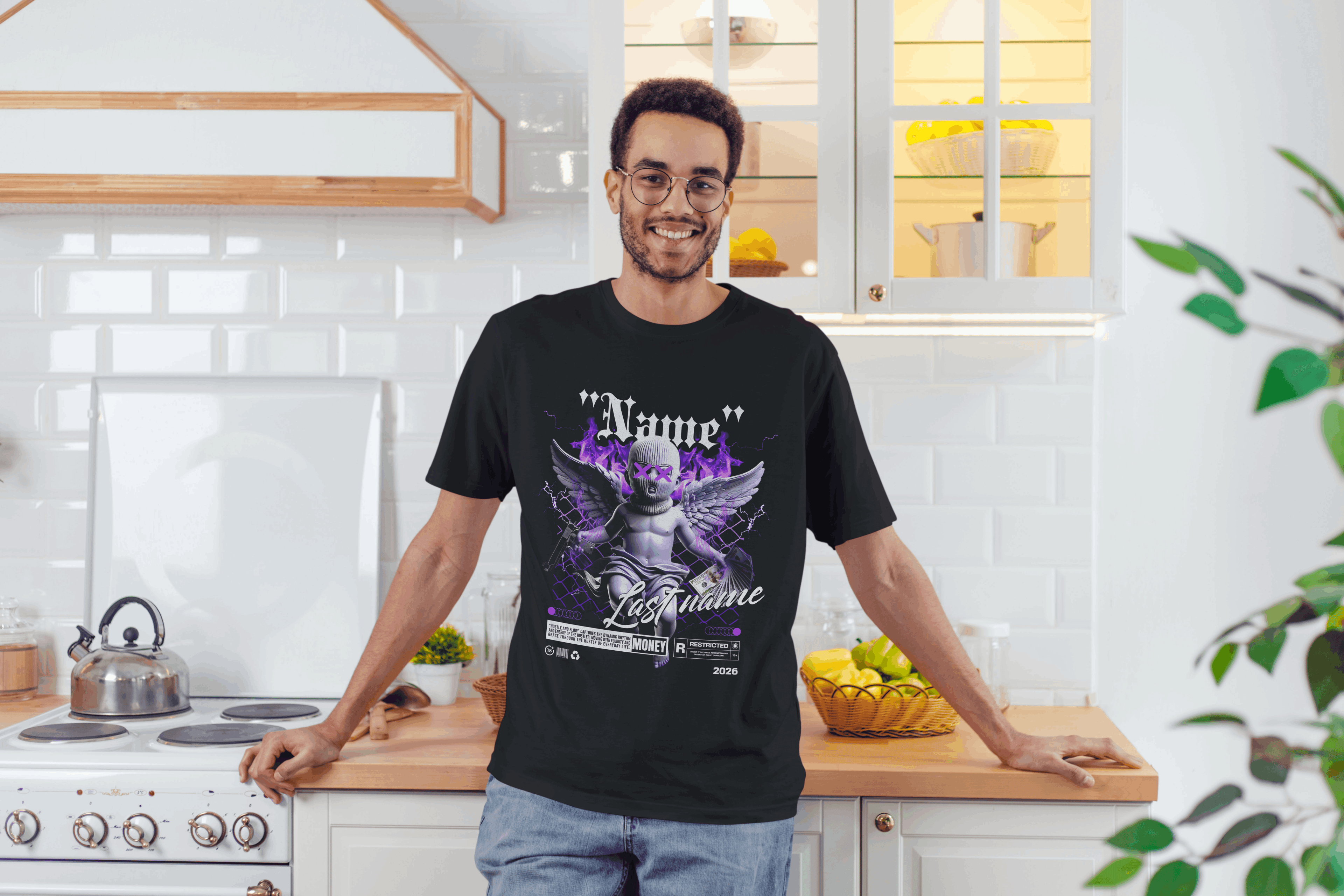 Angel Cherub Graphic Tee — Personalized "Name Lastname" Gothic Violet Design