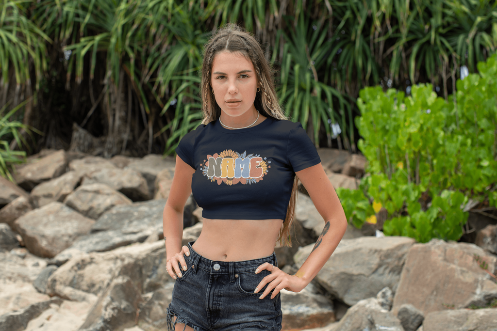 Vintage Floral Personalized Crop Top — Custom Name Sunflower 70s Retro Shirt