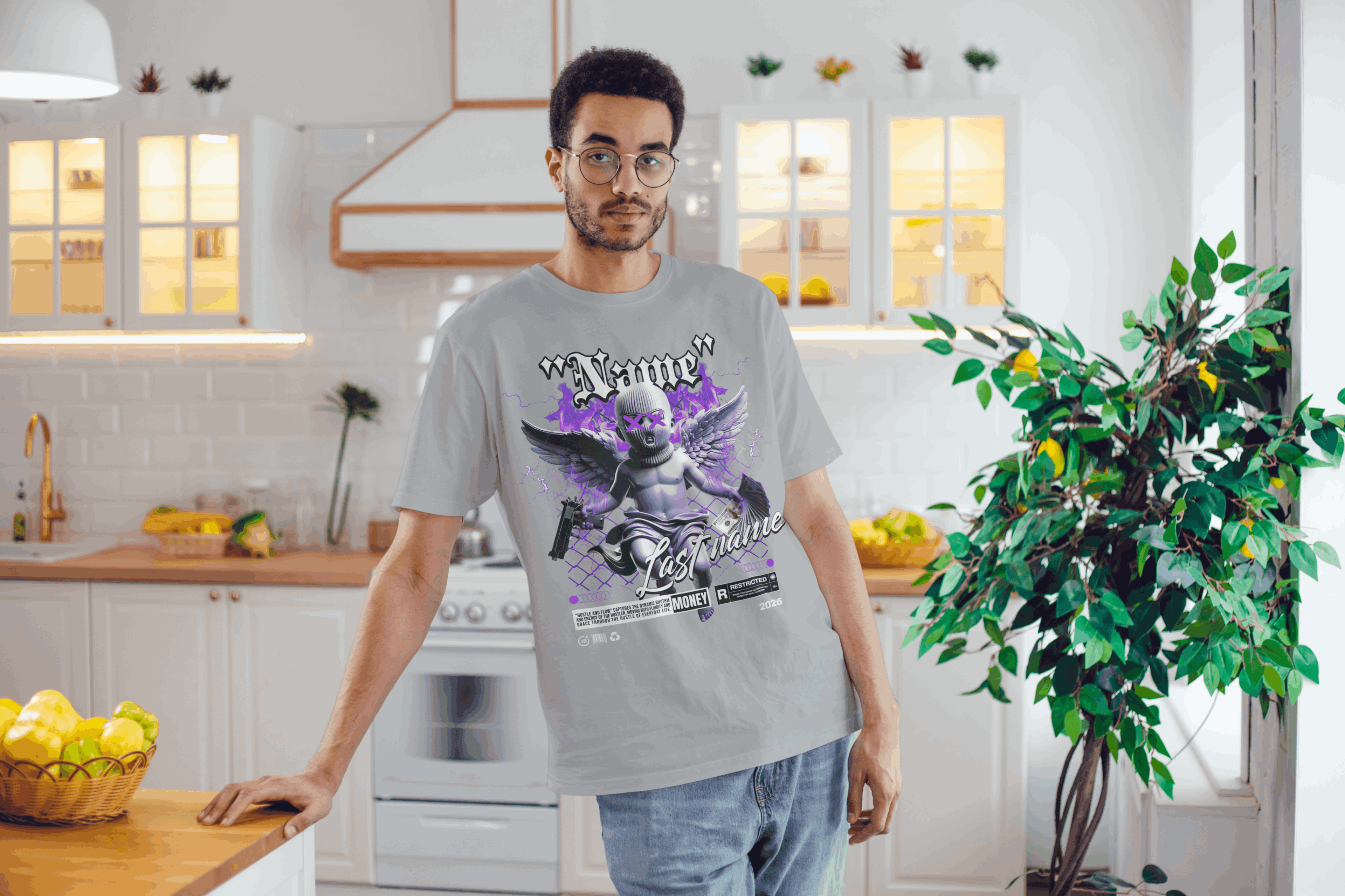 Angel Cherub Graphic Tee — Personalized "Name Lastname" Gothic Violet Design