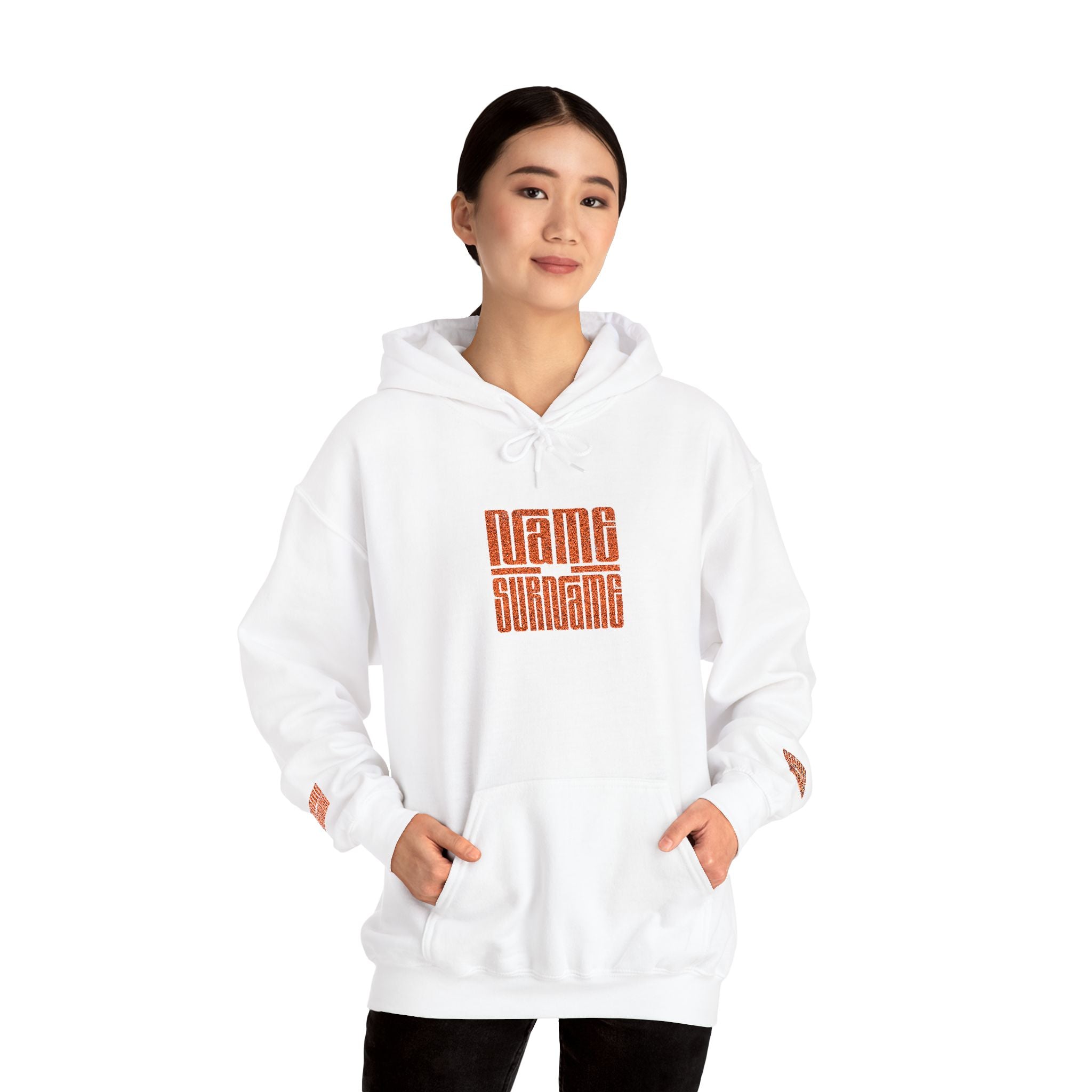 Personalized embroidered  Hoodie — Retro Orange Geometric 'Name and last Name' Graphic Pullover