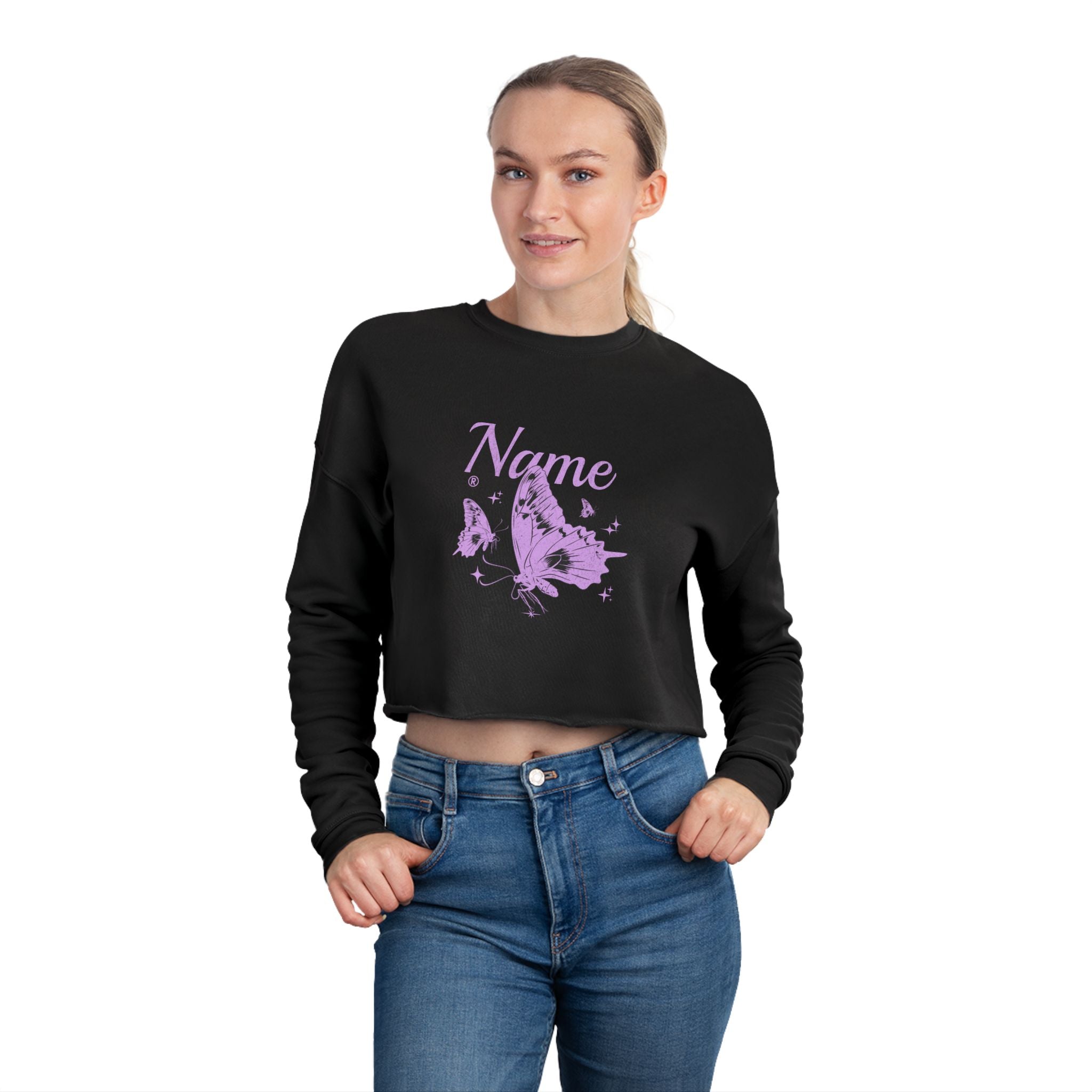 Cropped Sweatshirt — Personalized Purple Butterfly Name Design