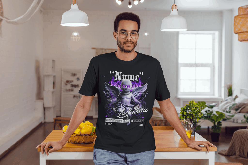 Angel Cherub Graphic Tee — Personalized "Name Lastname" Gothic Violet Design
