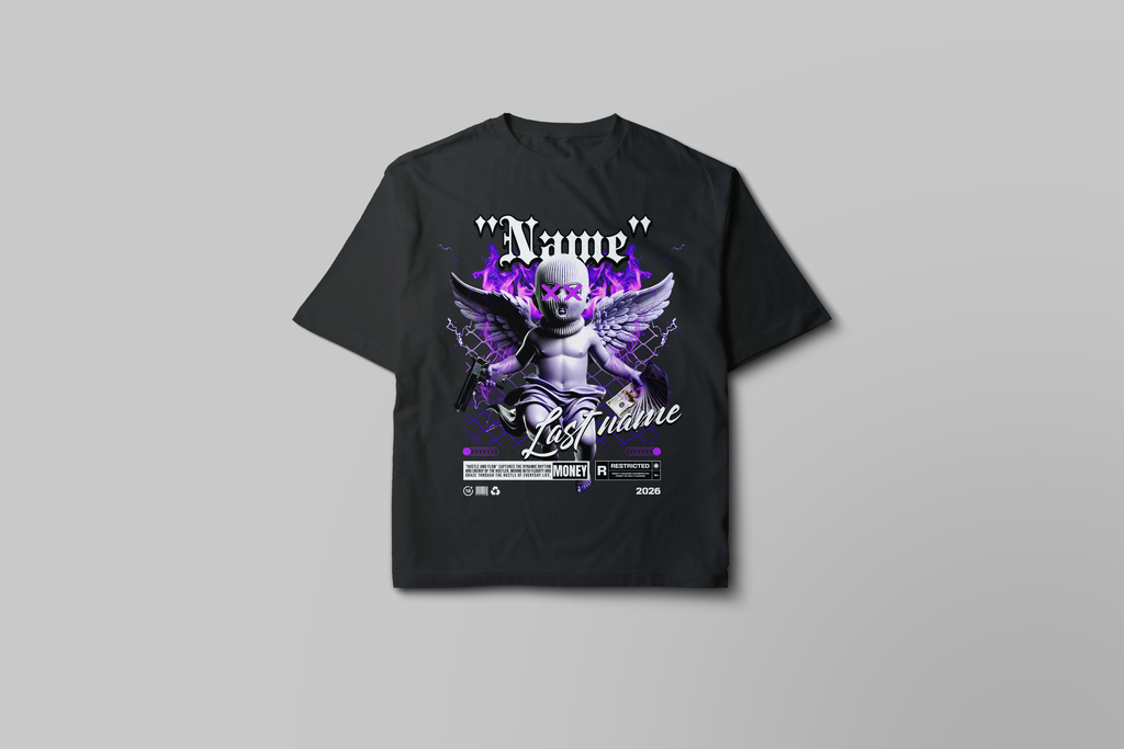 Angel Cherub Graphic Tee — Personalized "Name Lastname" Gothic Violet Design