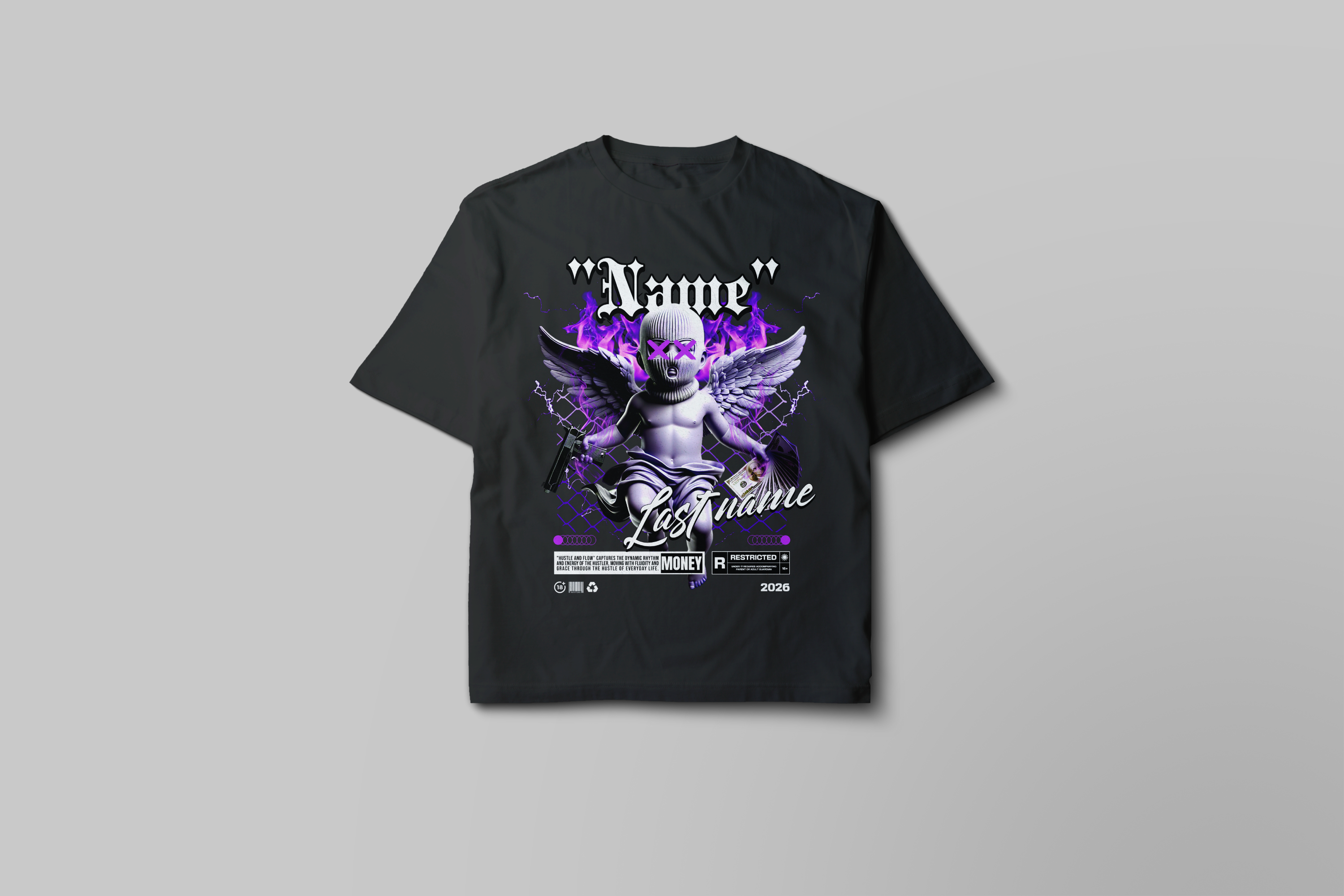 Angel Cherub Graphic Tee — Personalized "Name Lastname" Gothic Violet Design