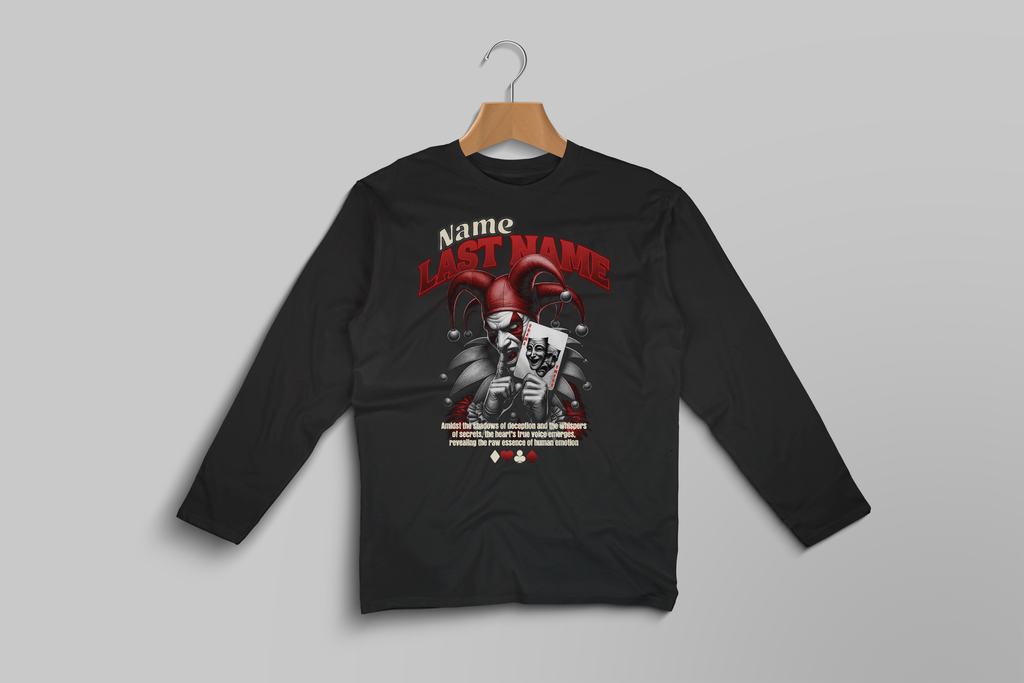 Camiseta de manga larga personalizada de calavera de payaso — Camiseta gráfica conmemorativa ‘Nombre Apellido’ y una frase personal.