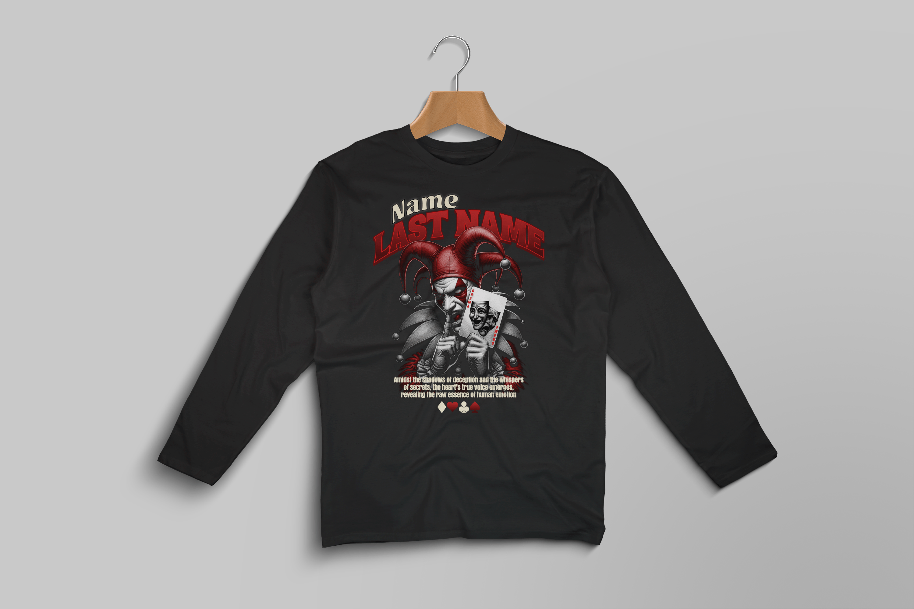 Camiseta de manga larga personalizada de calavera de payaso — Camiseta gráfica conmemorativa ‘Nombre Apellido’ y una frase personal.