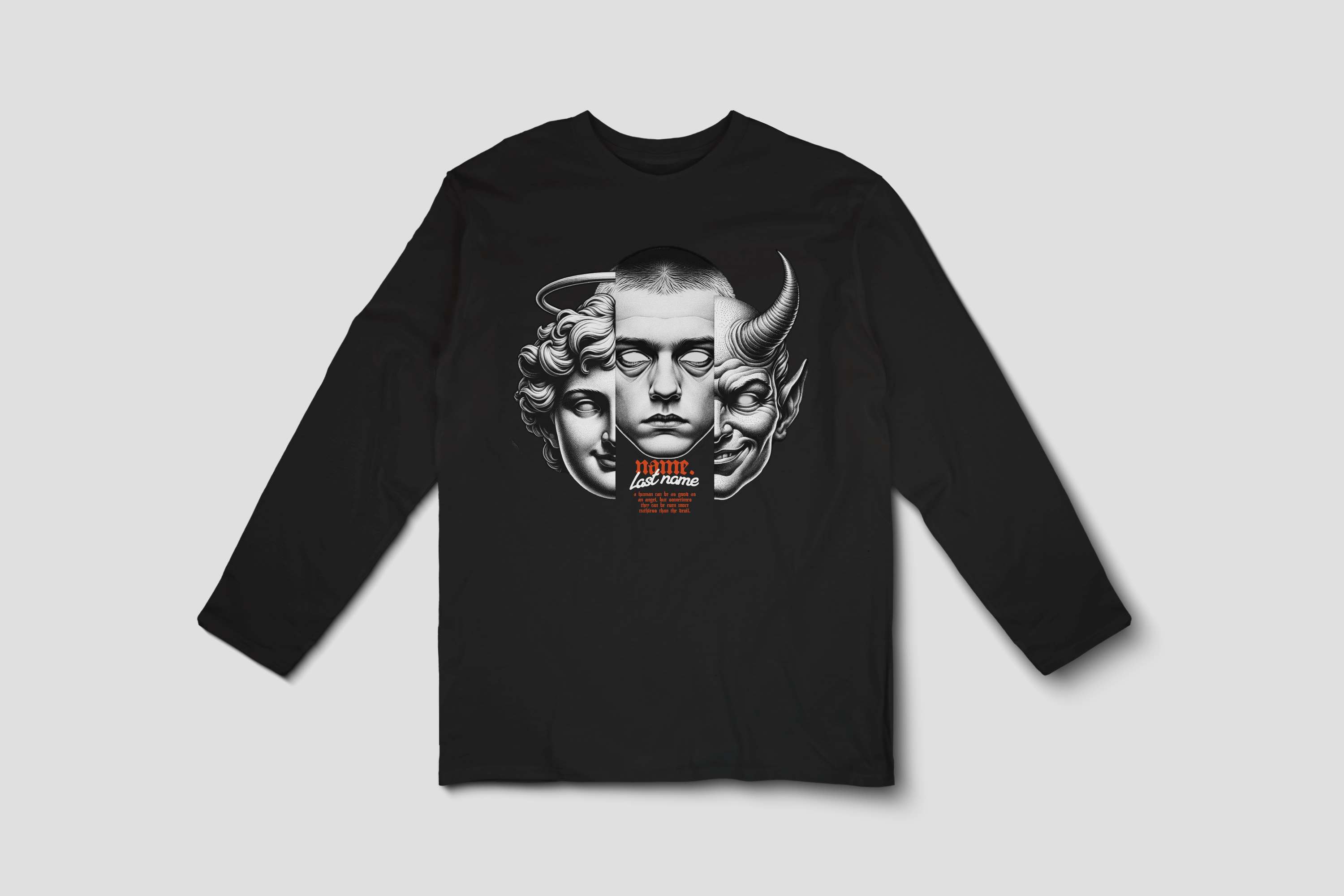 Three Faces Mask Long Sleeve Tee – Greek Statue, Angel & Demon Art — Personalized with Your Name, Last Name, and Custom Phrase