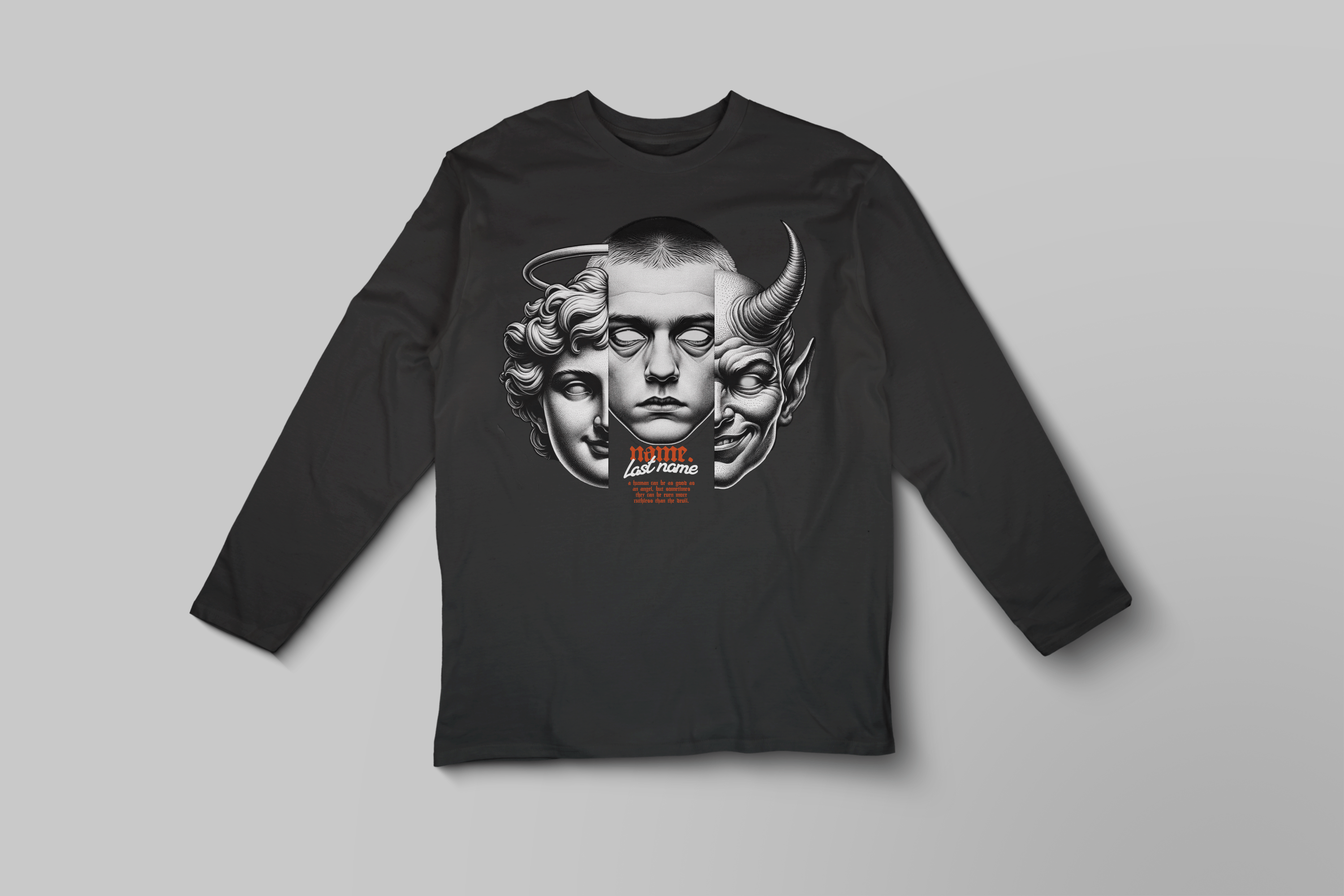 Three Faces Mask Long Sleeve Tee – Greek Statue, Angel & Demon Art — Personalized with Your Name, Last Name, and Custom Phrase