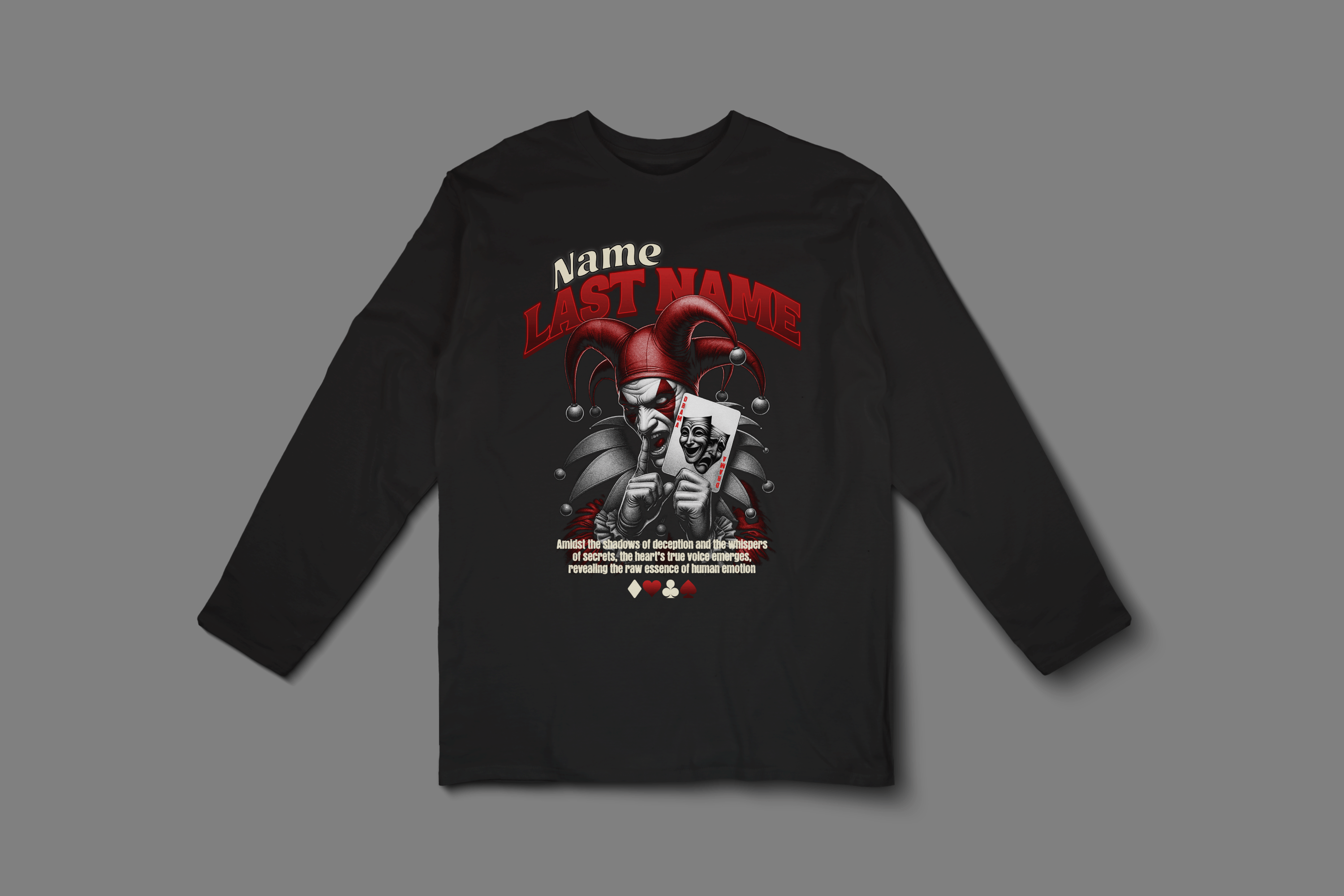 Camiseta de manga larga personalizada de calavera de payaso — Camiseta gráfica conmemorativa ‘Nombre Apellido’ y una frase personal.