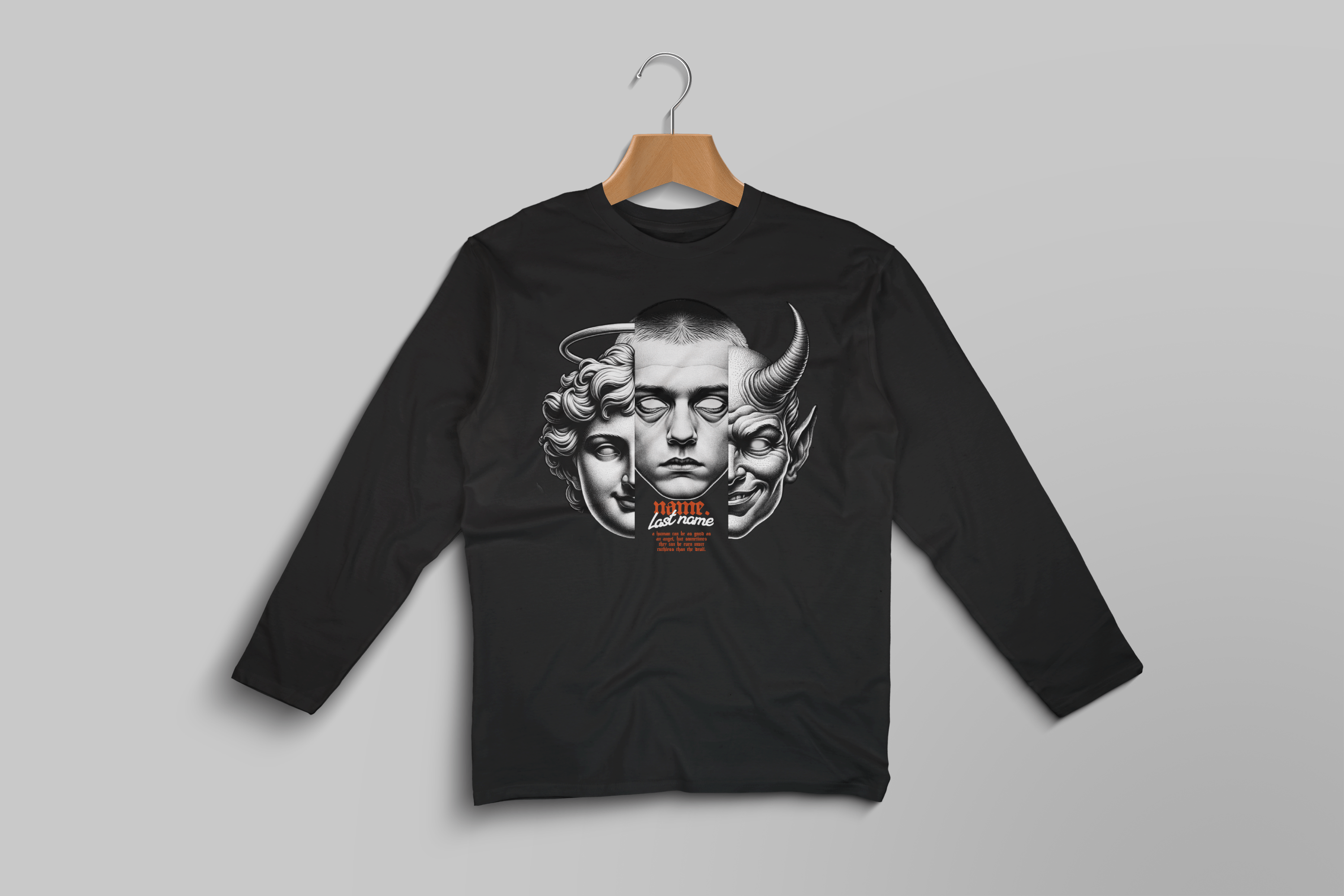 Three Faces Mask Long Sleeve Tee – Greek Statue, Angel & Demon Art — Personalized with Your Name, Last Name, and Custom Phrase