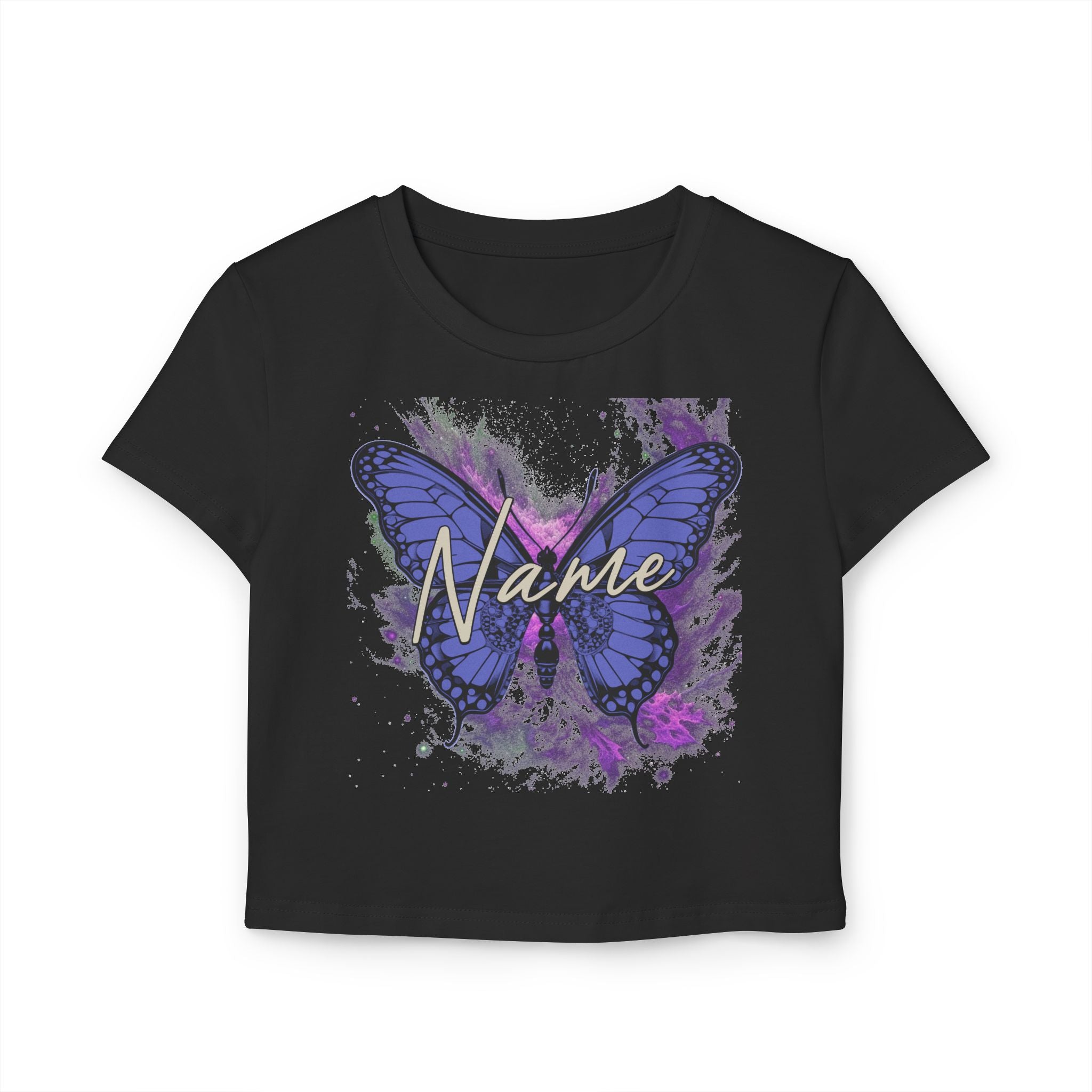 Purple Butterfly Personalized Crop Top — Custom Name Aesthetic Galaxy Shirt