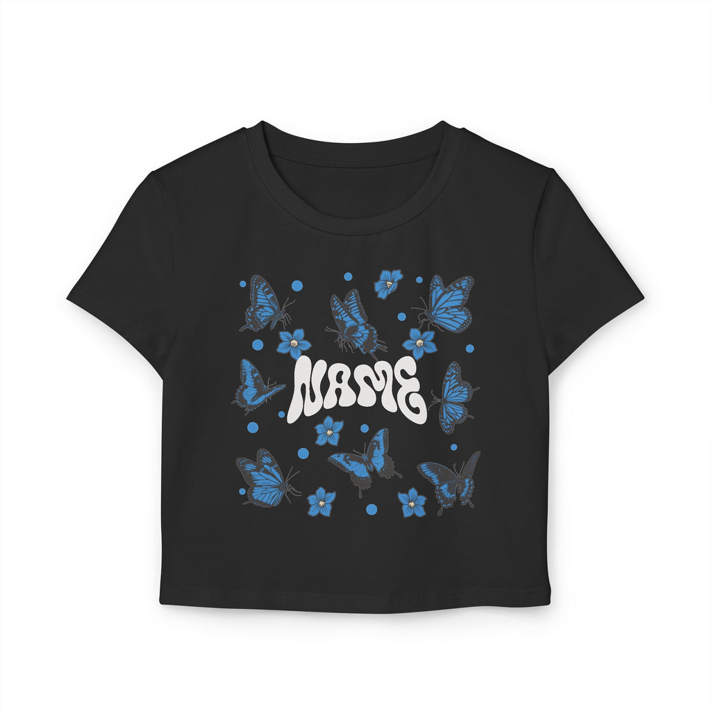 Blue Butterfly Personalized Crop Top — Custom Name Retro Aesthetic Shirt