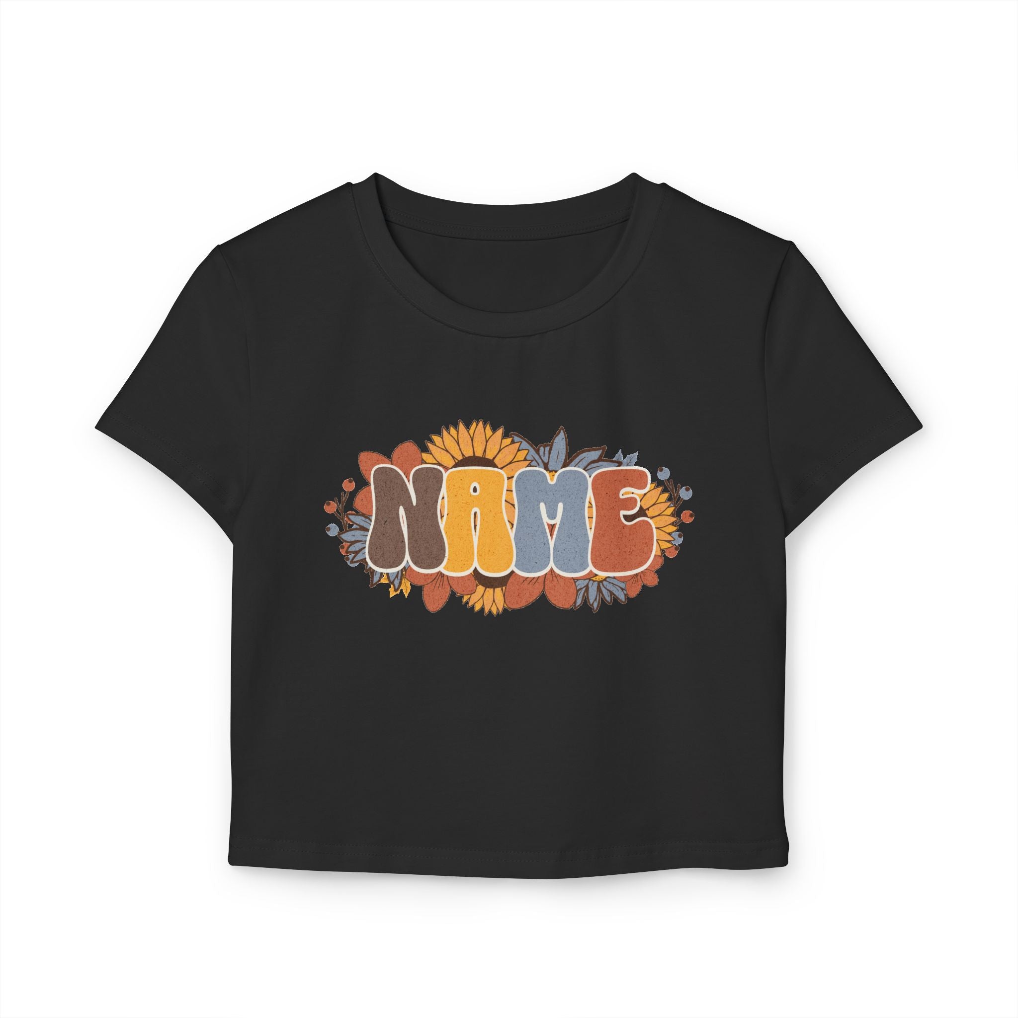 Vintage Floral Personalized Crop Top — Custom Name Sunflower 70s Retro Shirt
