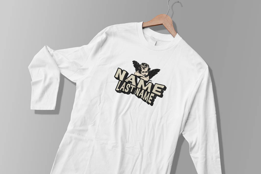 Custom Angel Cherub Long Sleeve Tee — Personalized "Name Last Name" Graphic