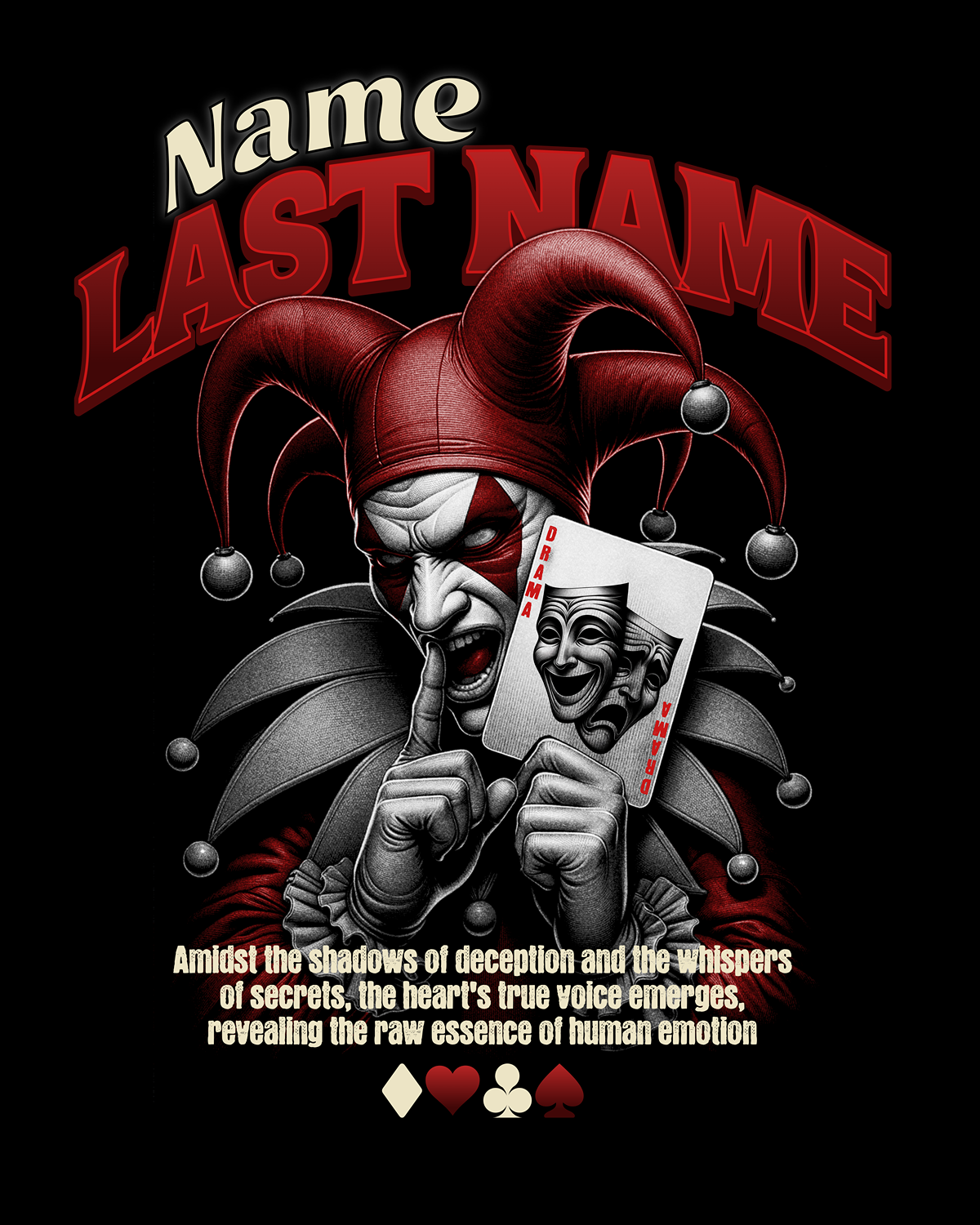 Camiseta de manga larga personalizada de calavera de payaso — Camiseta gráfica conmemorativa ‘Nombre Apellido’ y una frase personal.