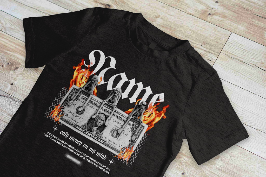 personalized t-shirt with burning dollar design