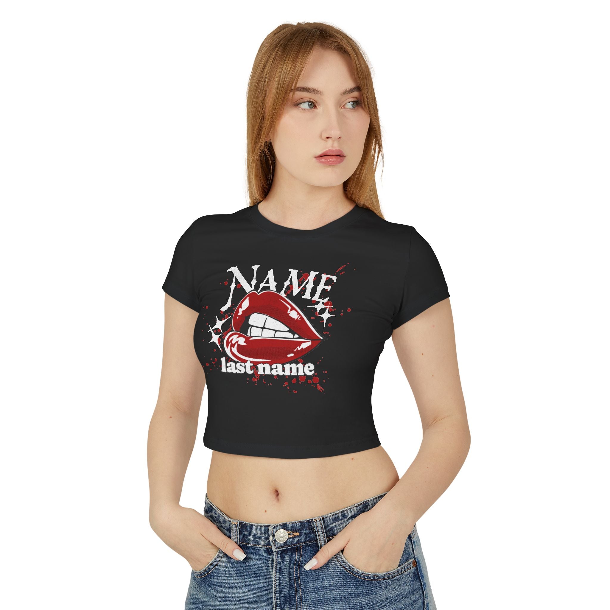Red Lips Personalized Crop Top — Custom Name Gothic Bite Graphic Shirt