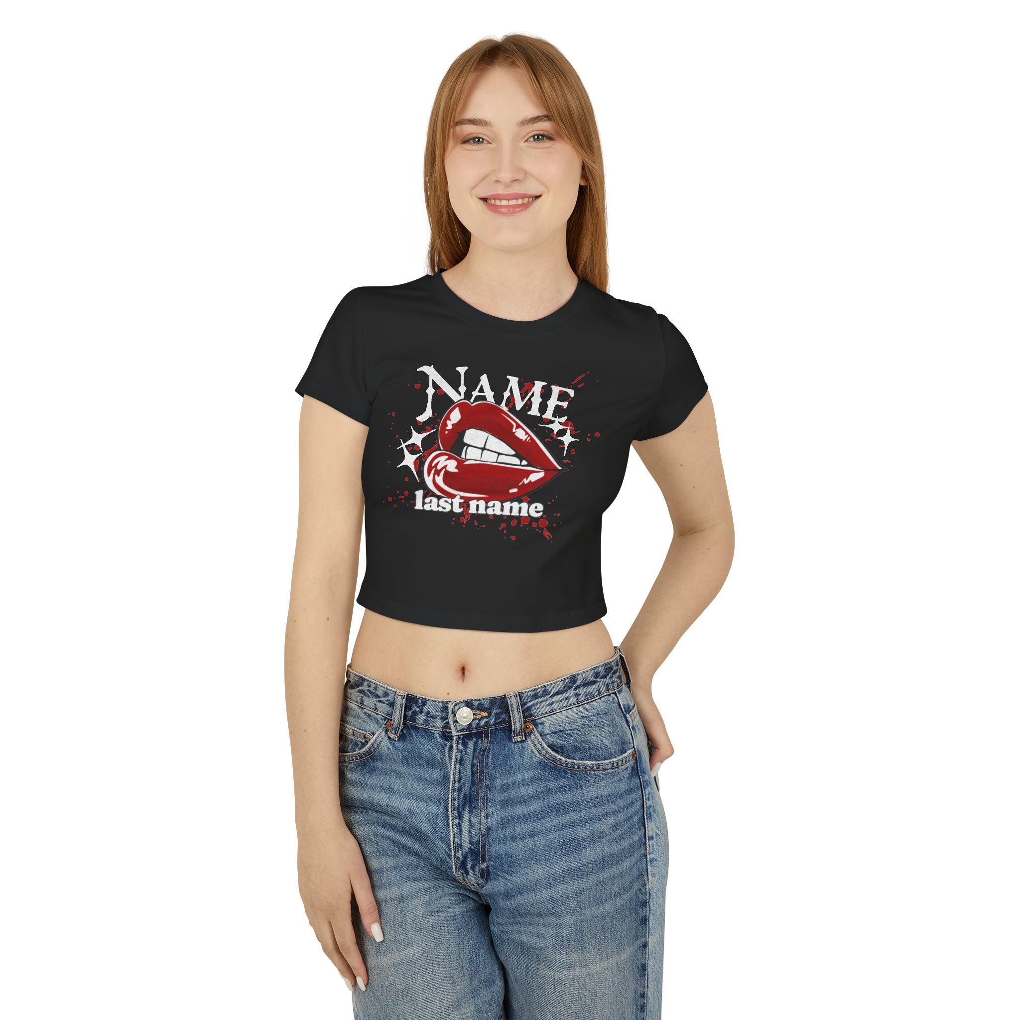 Red Lips Personalized Crop Top — Custom Name Gothic Bite Graphic Shirt