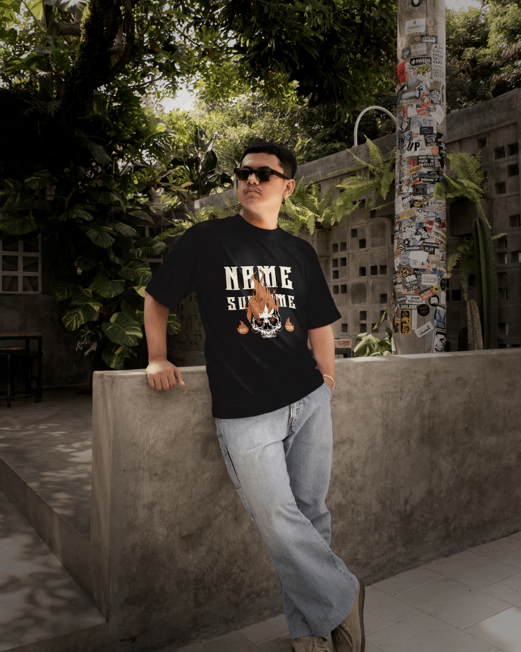 Flaming Skull Boxy Tee — "Name Surname" Customizable Graphic T-Shirt