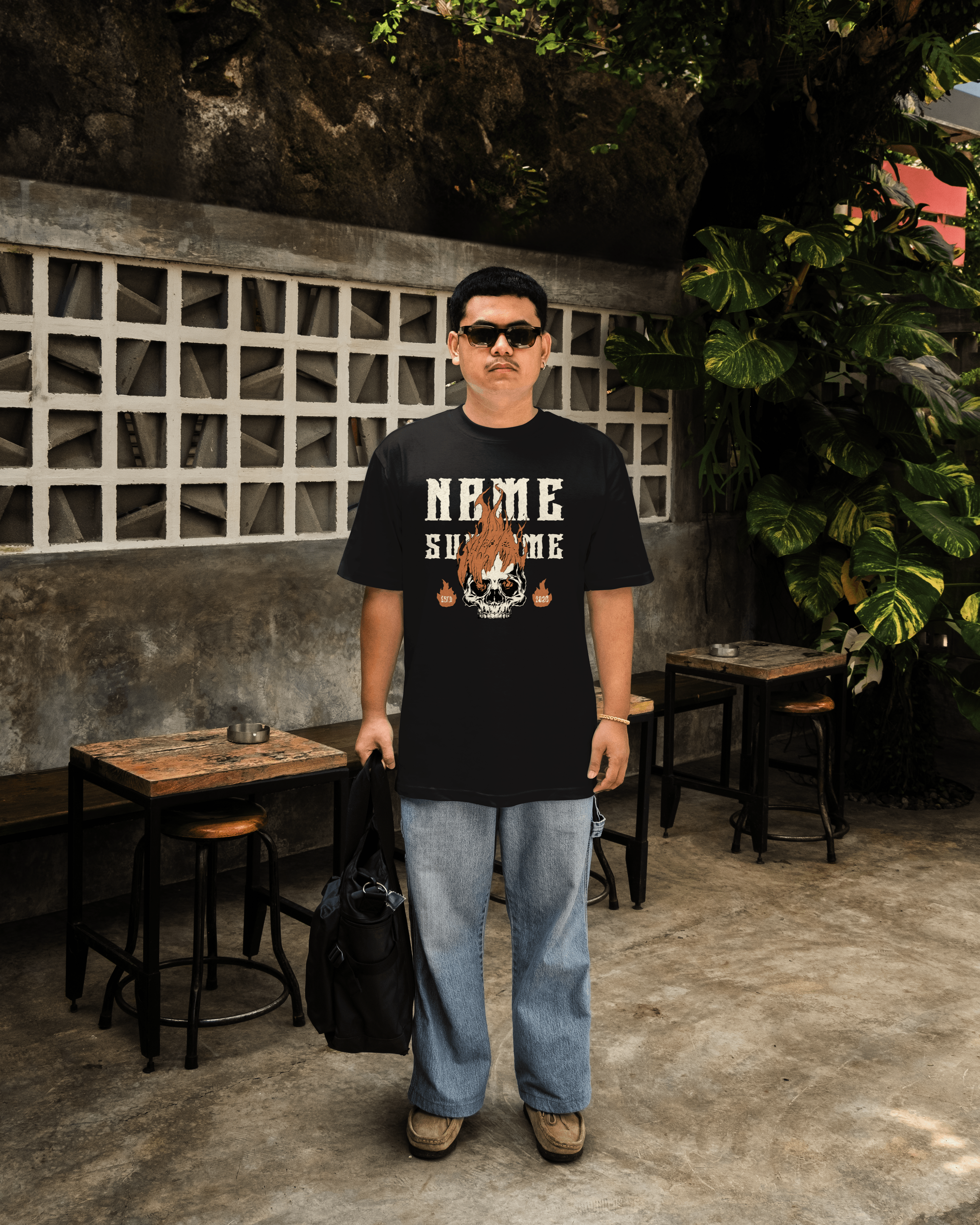 Flaming Skull Boxy Tee — "Name Surname" Customizable Graphic T-Shirt