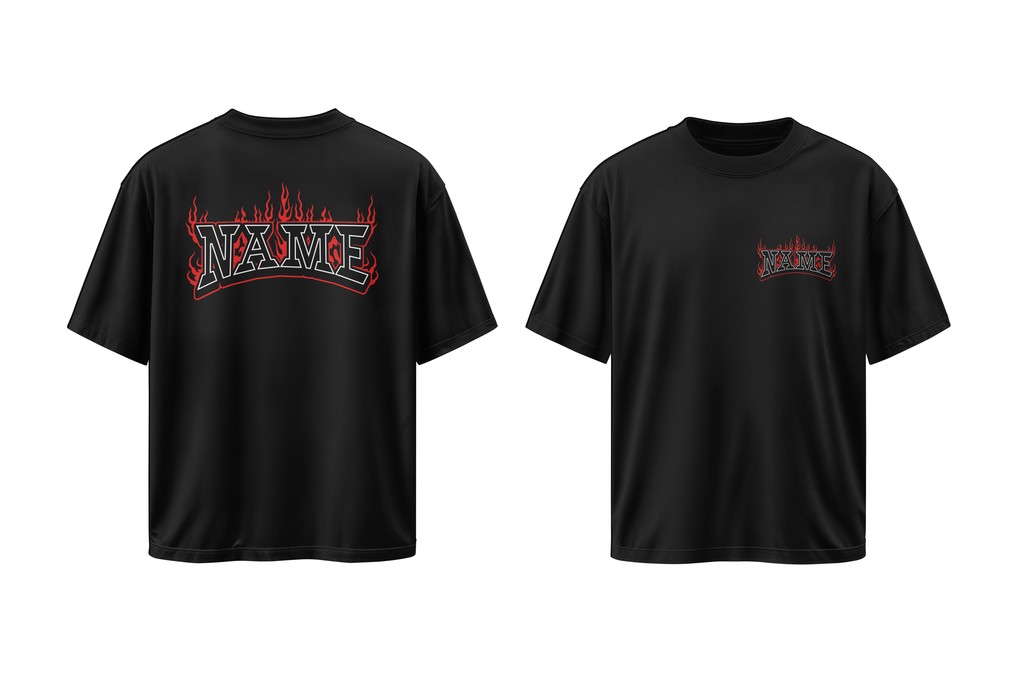 Flaming Name Boxy Tee — Oversized Black Graphic T-Shirt